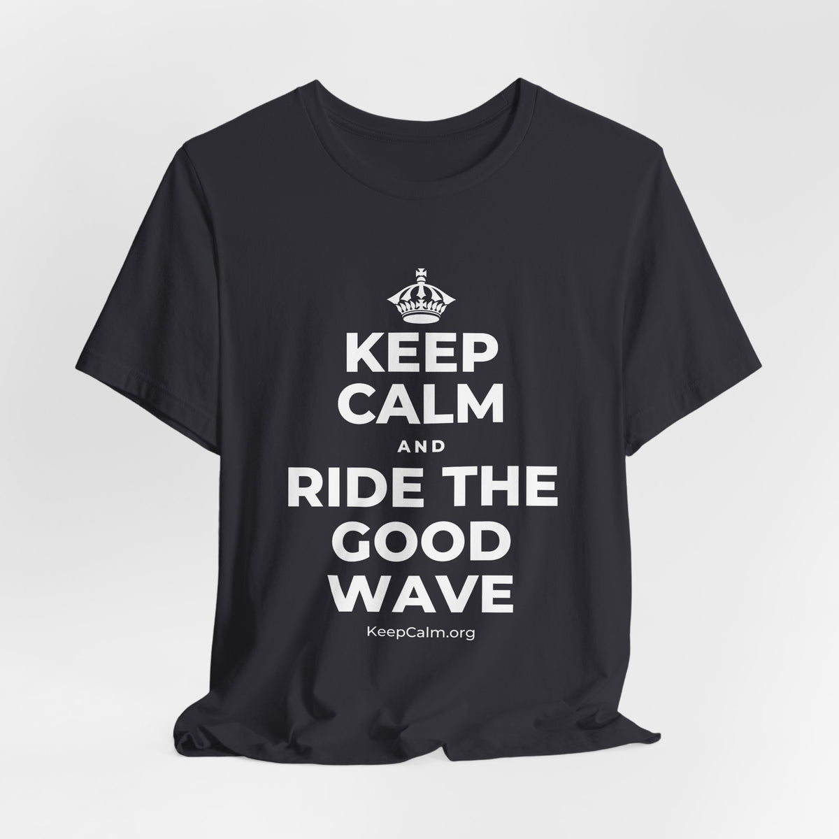 KEEP CALM AND RIDE THE GOOD WAVE T-Shirt (Baby Blue–Silver)