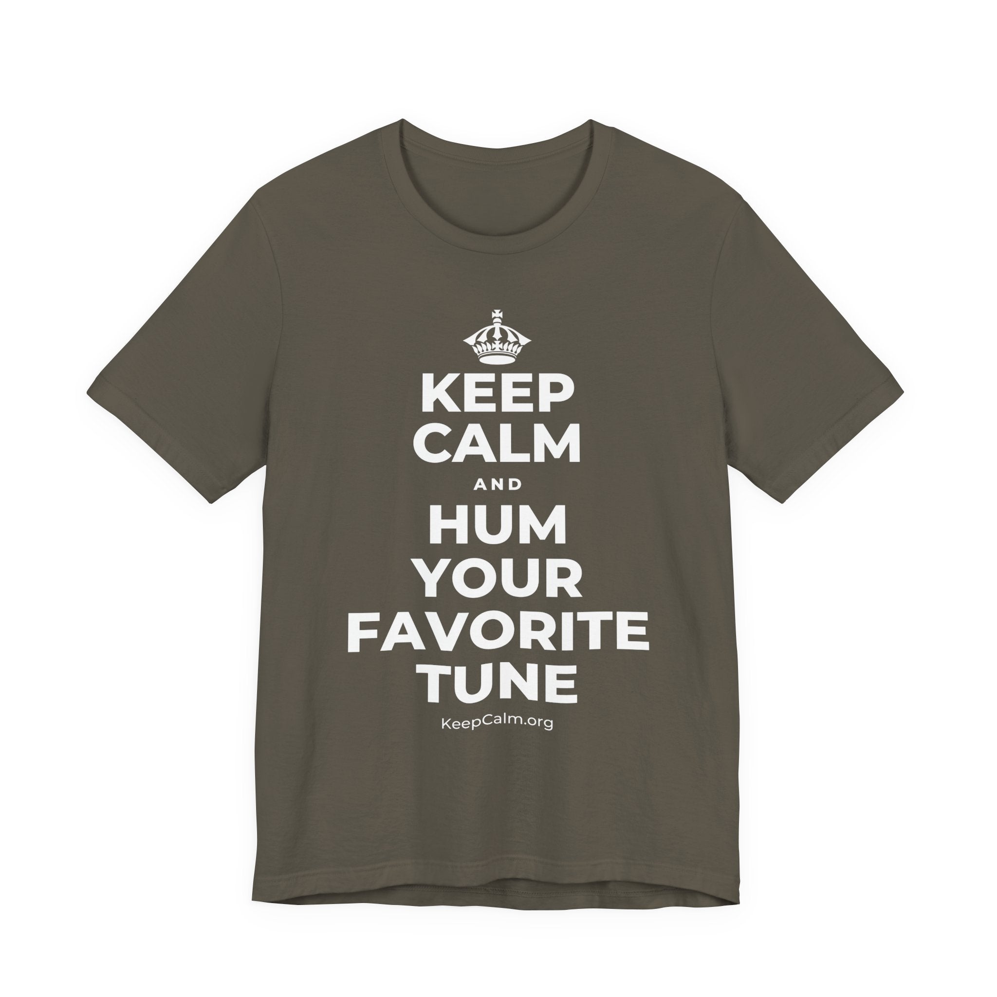 KEEP CALM AND HUM YOUR FAVORITE TUNE T-Shirt (White–Asphalt)