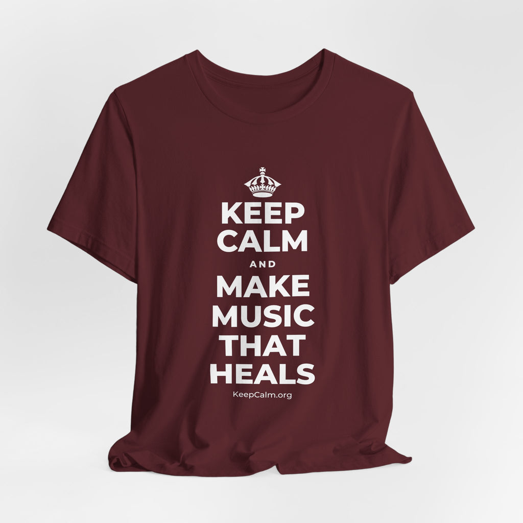 KEEP CALM AND MAKE MUSIC THAT HEALS T-Shirt (Baby Blue–Silver)