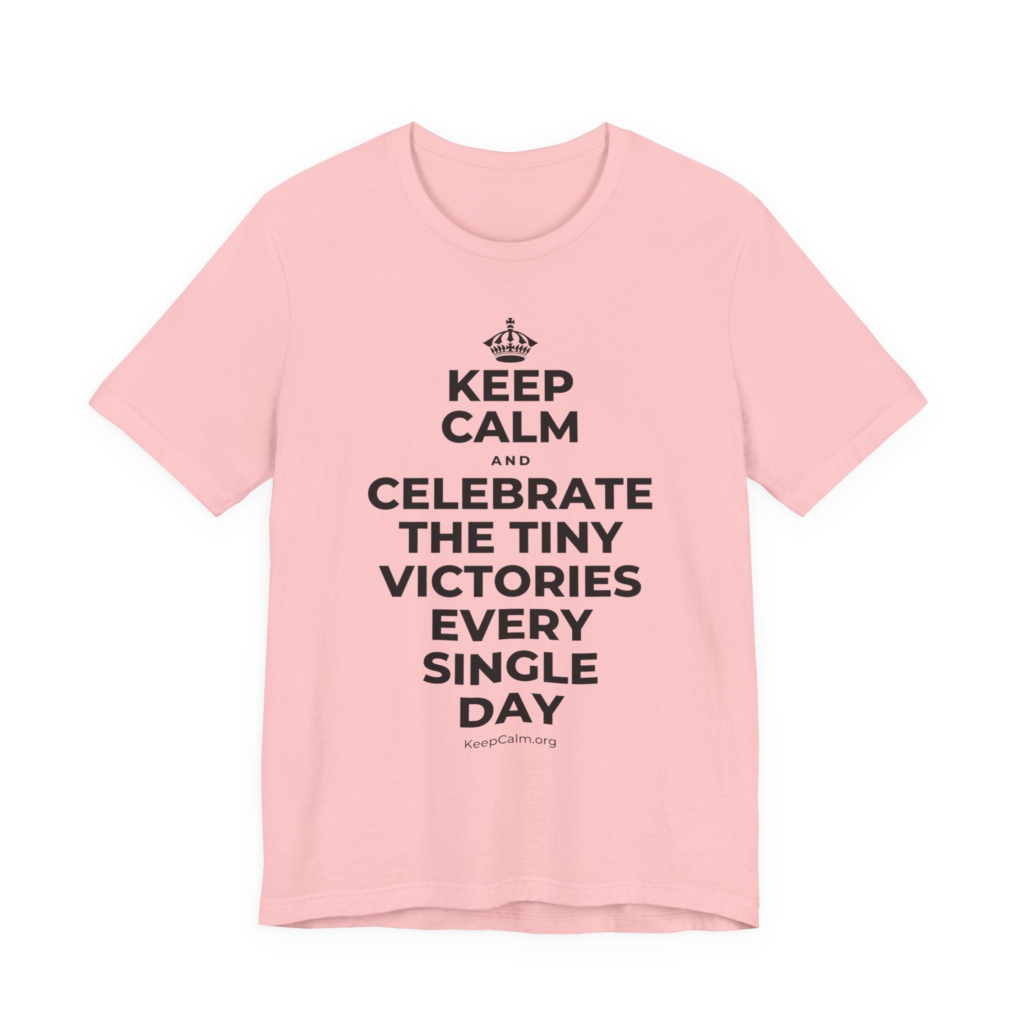 KEEP CALM AND CELEBRATE THE TINY VICTORIES EVERY SINGLE DAY T-Shirt (White–Asphalt)