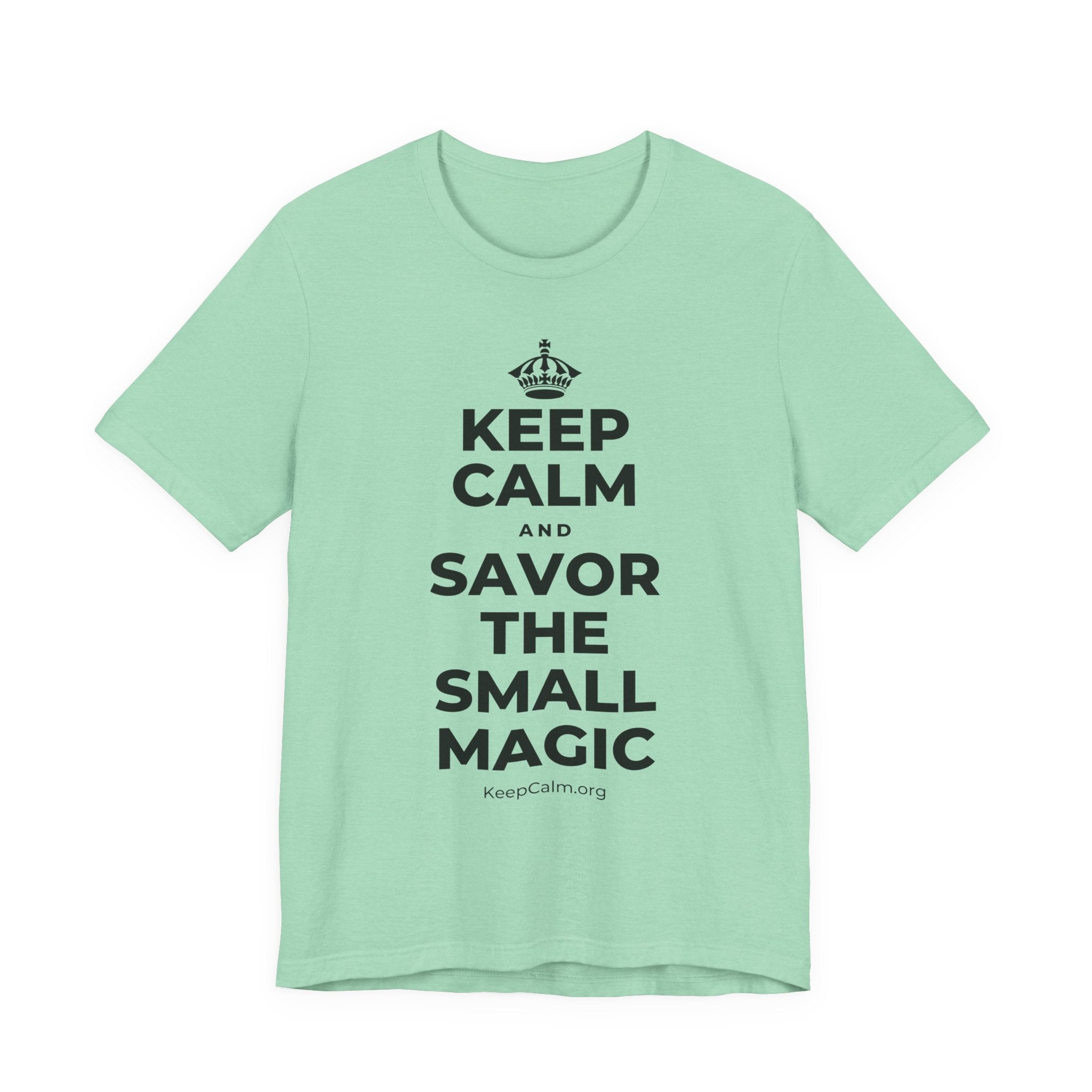 KEEP CALM AND SAVOR THE SMALL MAGIC T-Shirt (Baby Blue–Silver)