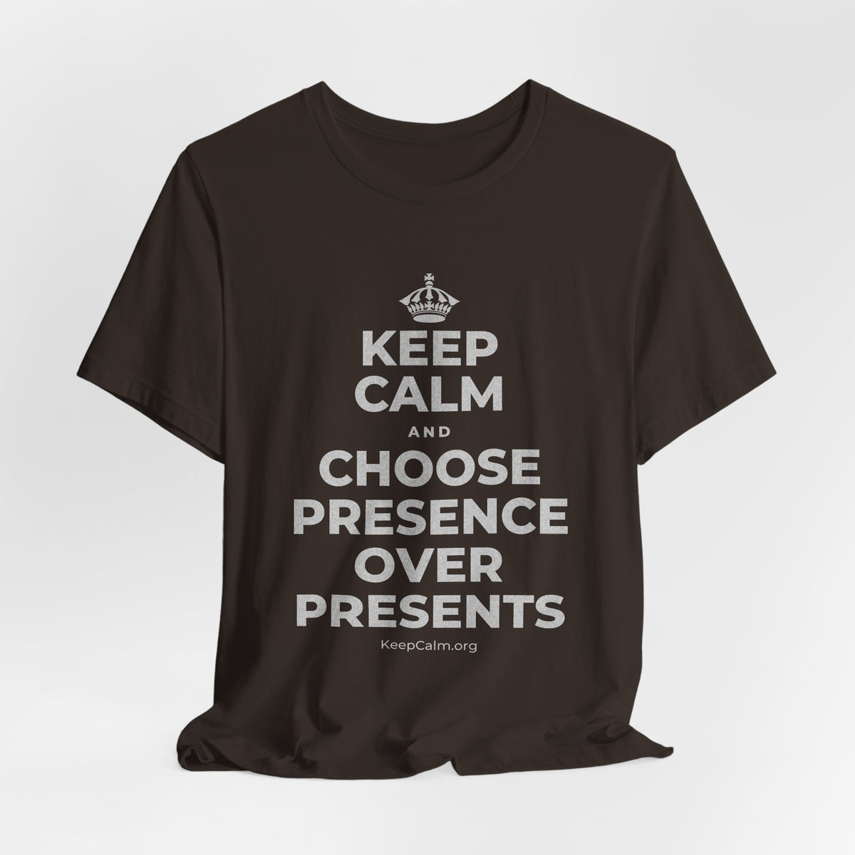 KEEP CALM AND CHOOSE PRESENCE OVER PRESENTS T-Shirt (Soft Cream–Heather Mauve)