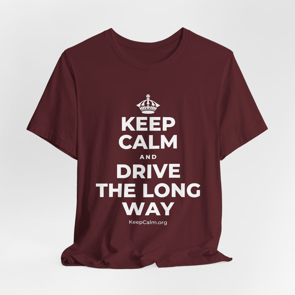 KEEP CALM AND DRIVE THE LONG WAY T-Shirt (Baby Blue–Silver)