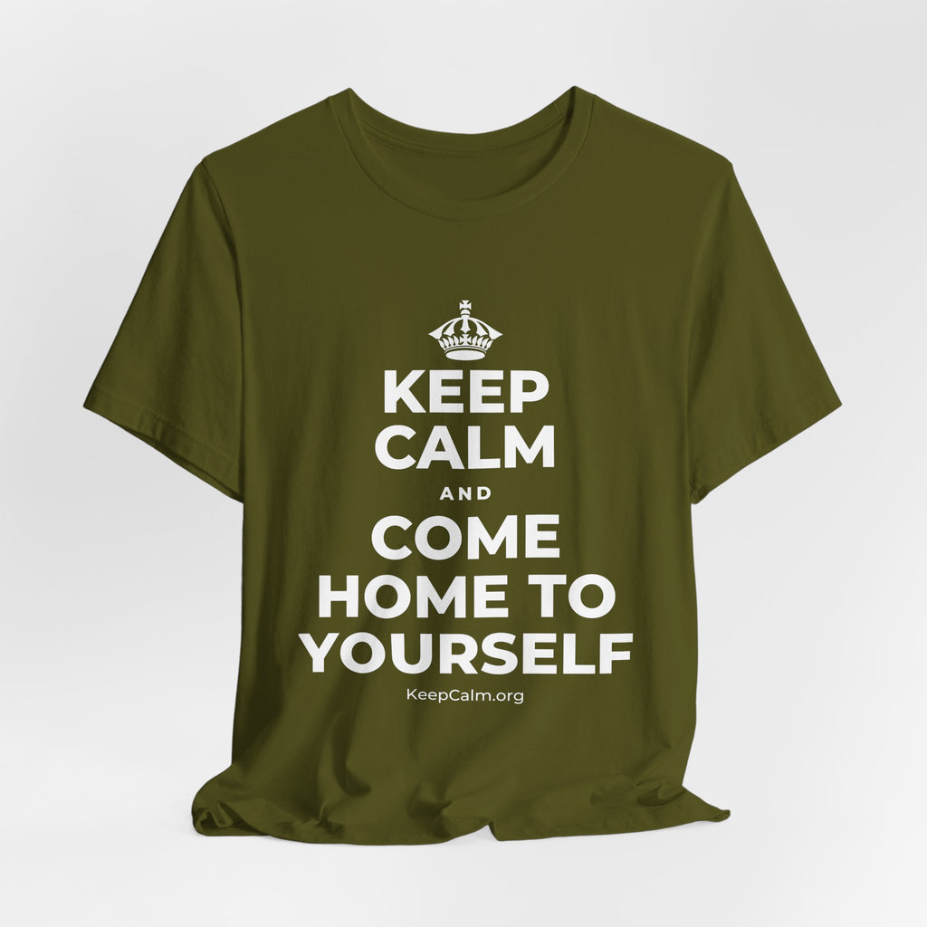 KEEP CALM AND COME HOME TO YOURSELF T-Shirt (Baby Blue–Silver)