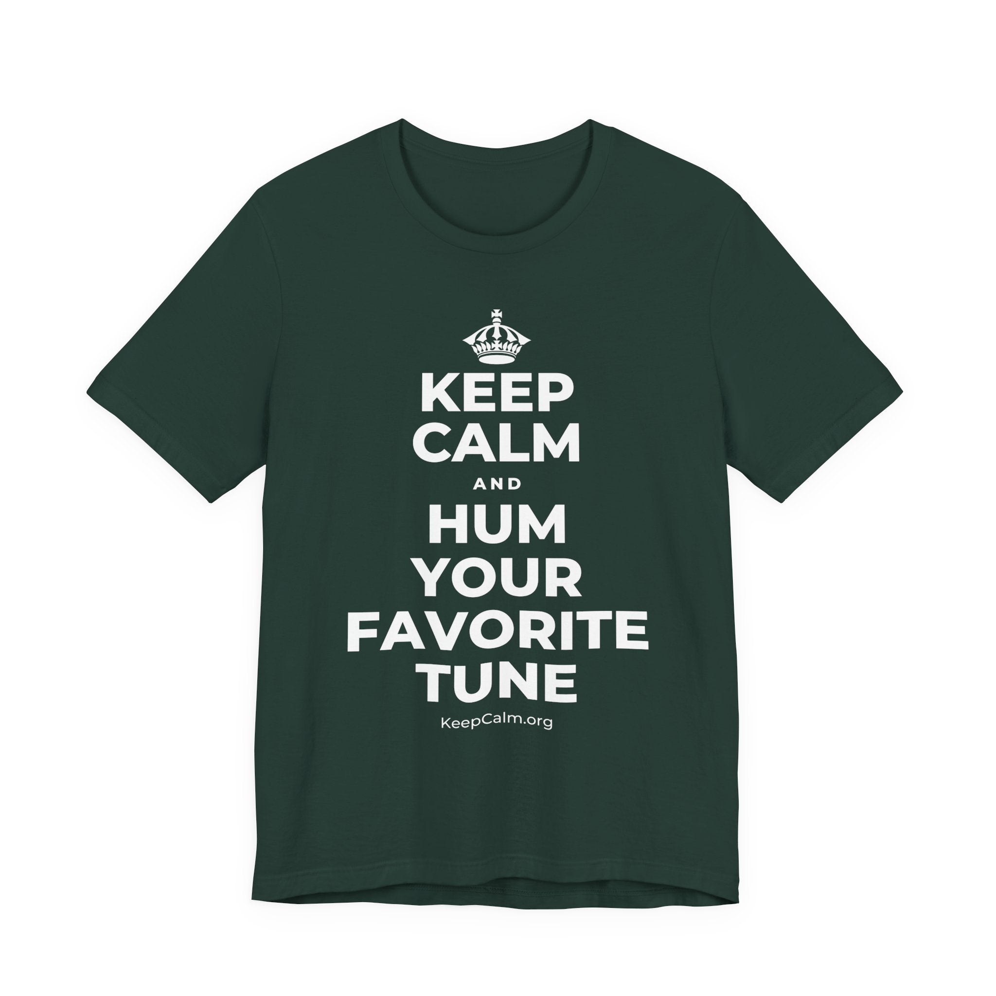 KEEP CALM AND HUM YOUR FAVORITE TUNE T-Shirt (White–Asphalt)