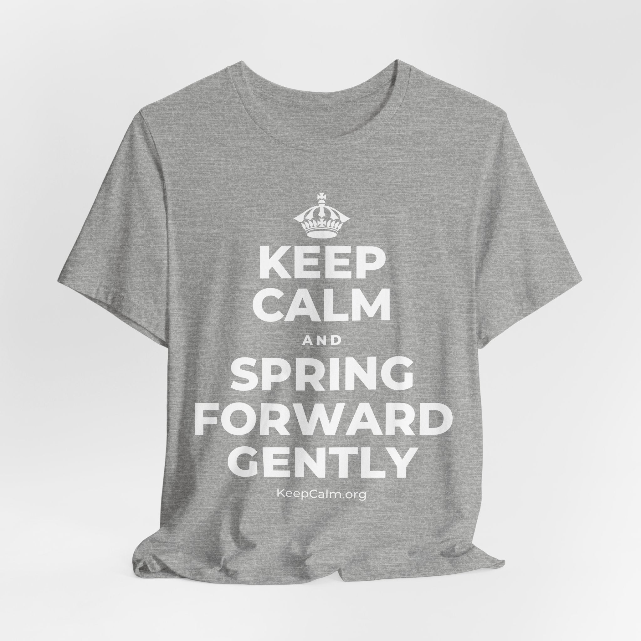 KEEP CALM AND SPRING FORWARD GENTLY T-Shirt (White–Asphalt)