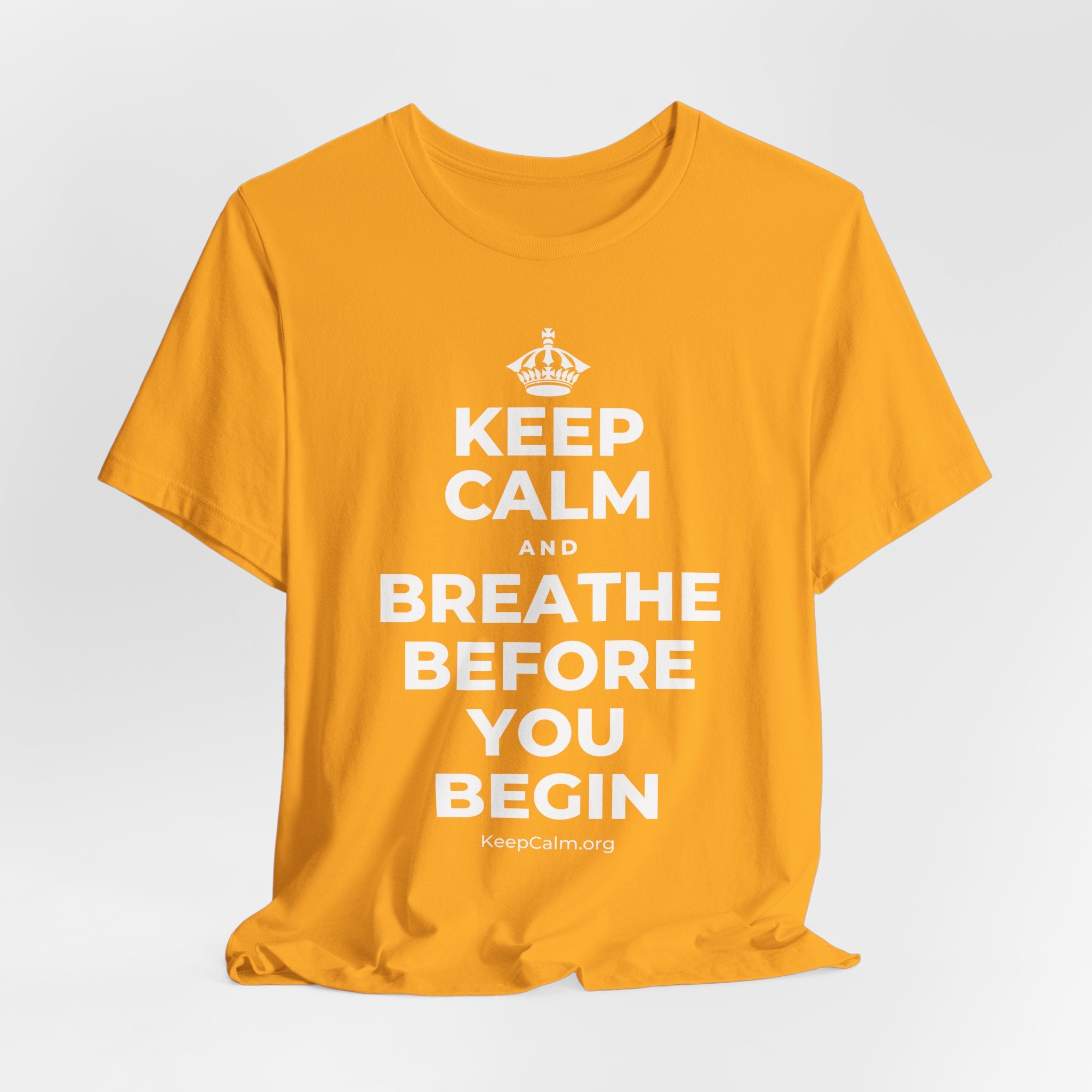 KEEP CALM AND BREATHE BEFORE YOU BEGIN T-Shirt (Baby Blue–Silver)