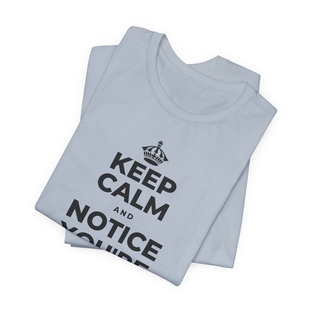 KEEP CALM AND NOTICE YOU'RE SAFE RIGHT NOW T-Shirt (White–Asphalt)