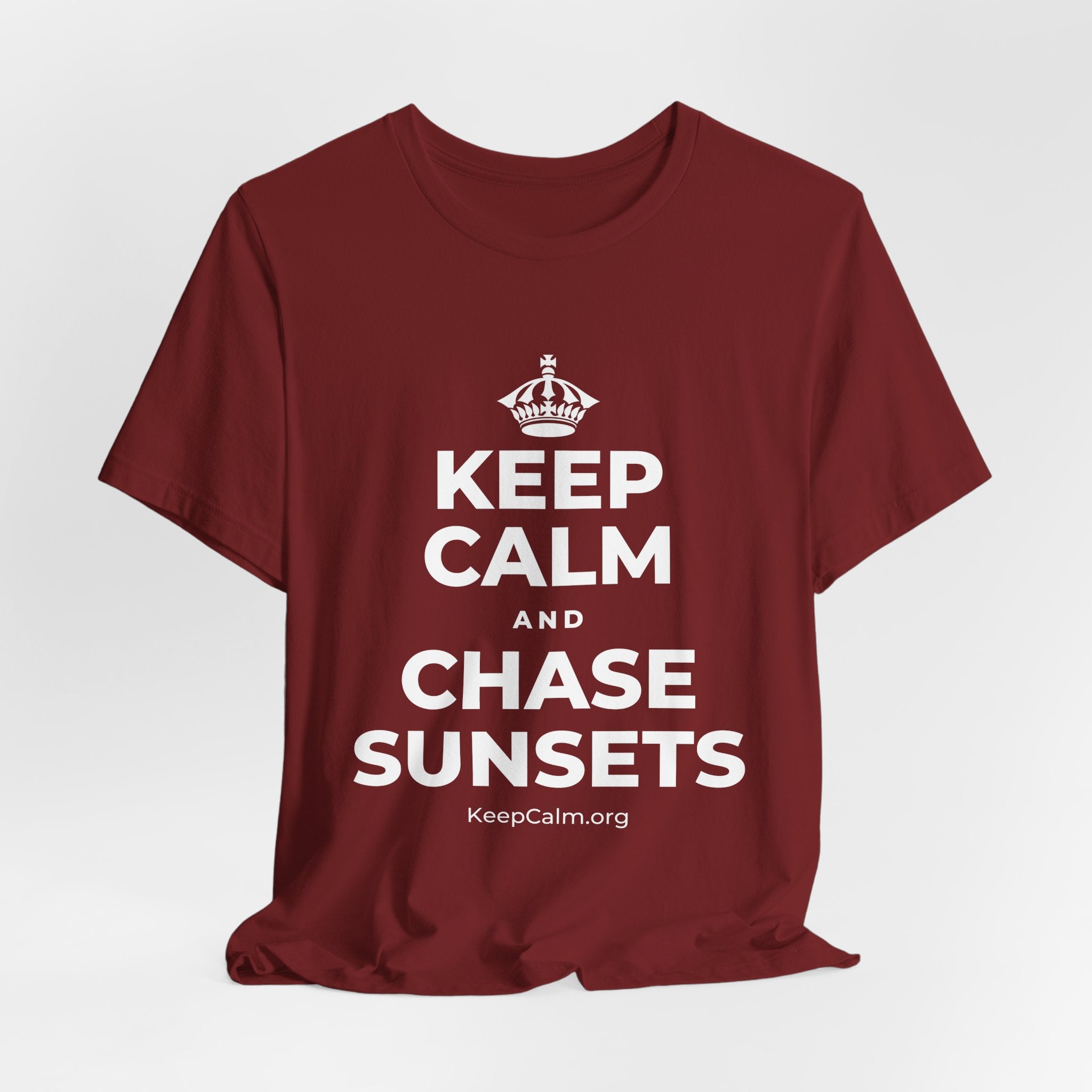 KEEP CALM AND CHASE SUNSETS T-Shirt (Baby Blue–Silver)