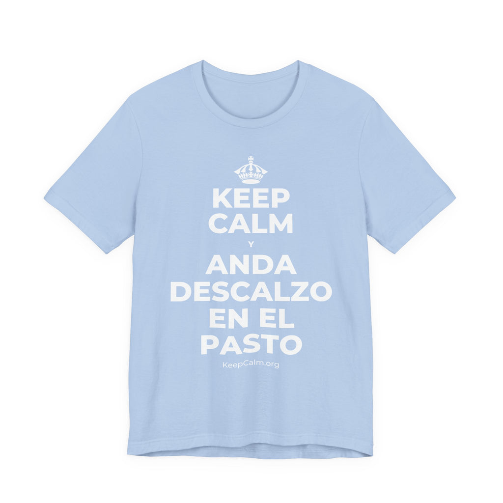 KEEP CALM Y ANDA DESCALZO EN EL PASTO T-Shirt (Baby Blue–Silver)