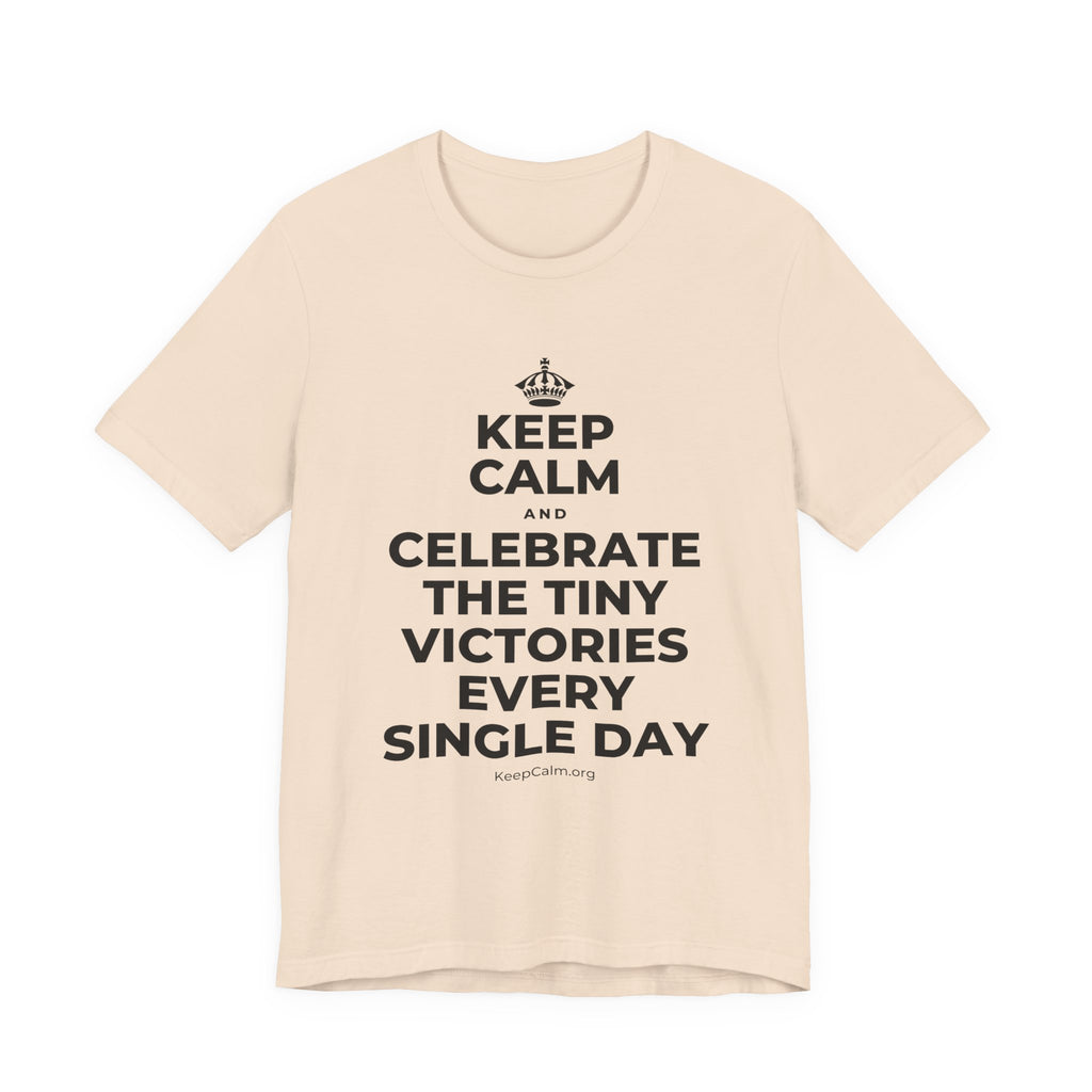 KEEP CALM AND CELEBRATE THE TINY VICTORIES EVERY SINGLE DAY T-Shirt (Soft Cream–Heather Mauve)