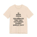 KEEP CALM AND CELEBRATE THE TINY VICTORIES EVERY SINGLE DAY T-Shirt (Soft Cream–Heather Mauve)