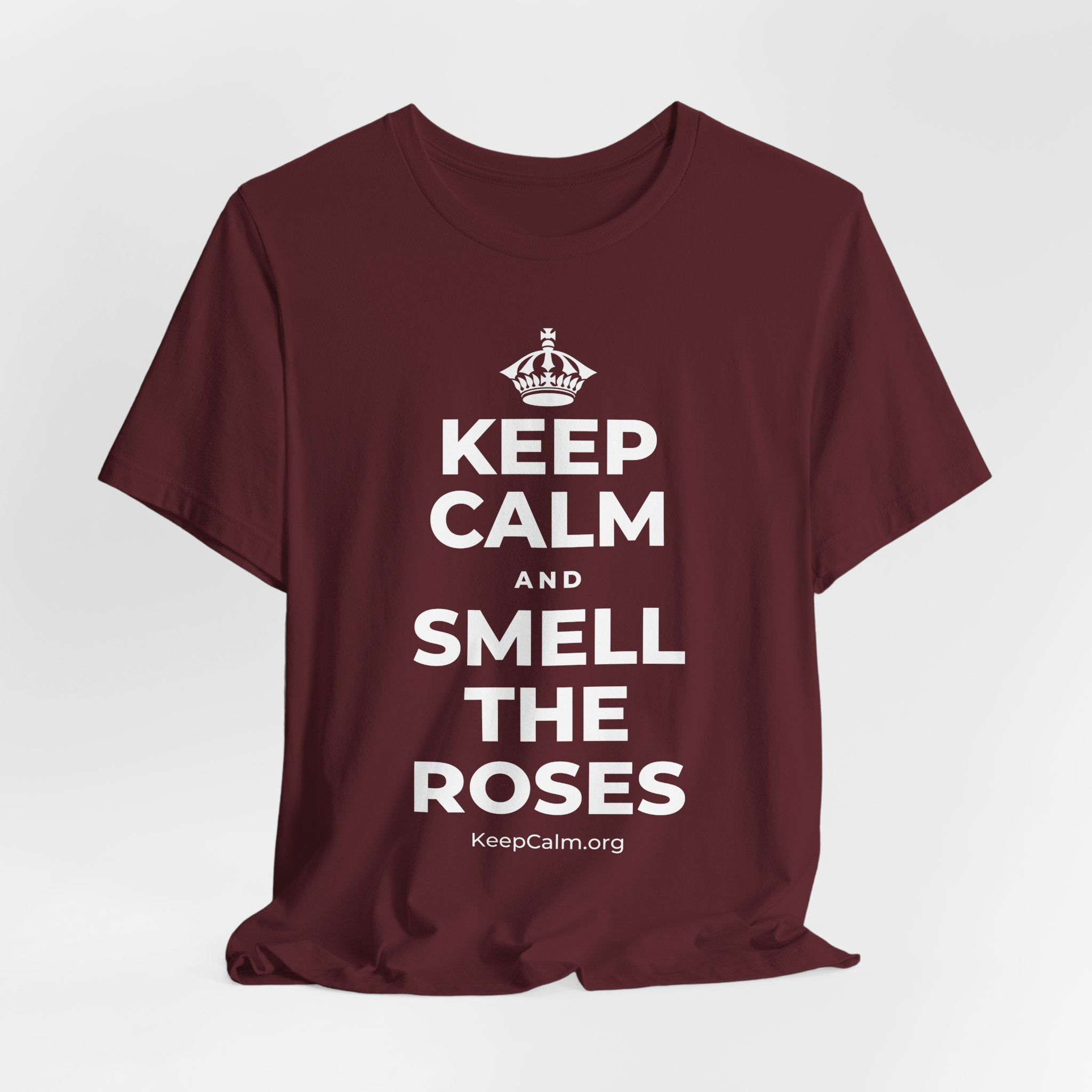 KEEP CALM AND SMELL THE ROSES T-Shirt (Baby Blue–Silver)
