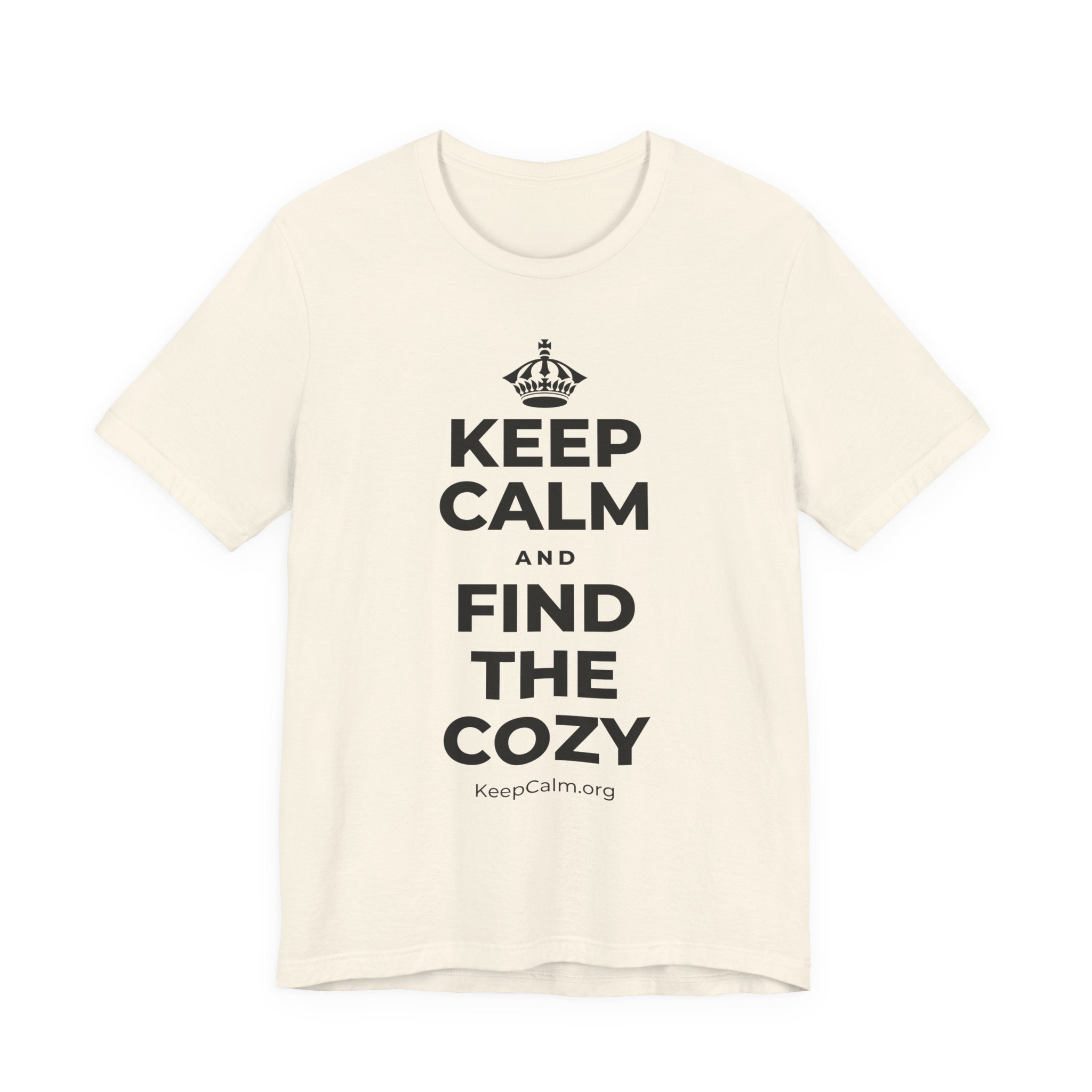 KEEP CALM AND FIND THE COZY T-Shirt (White–Asphalt)