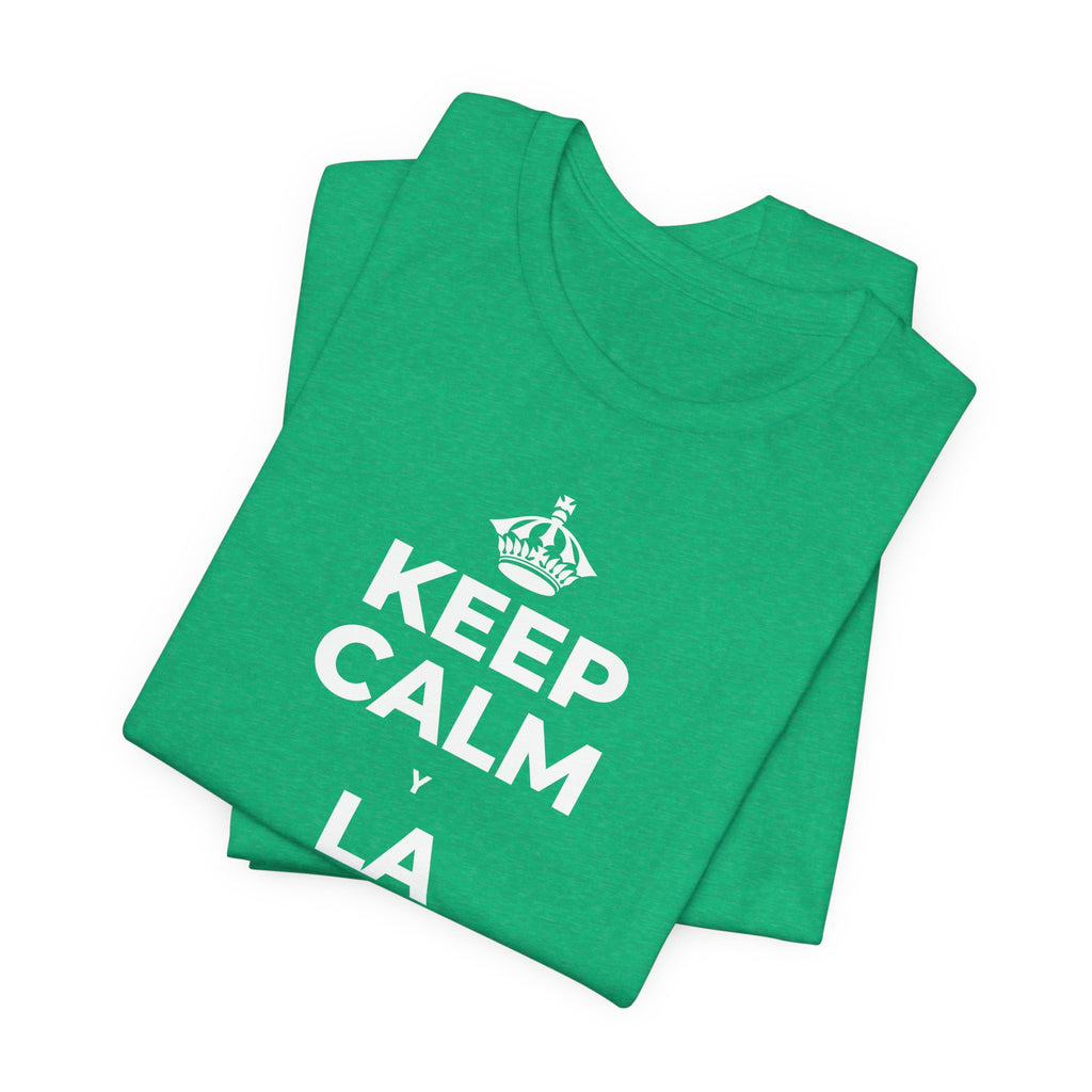 KEEP CALM Y LA FRENTE EN ALTO T-Shirt (Baby Blue–Silver)