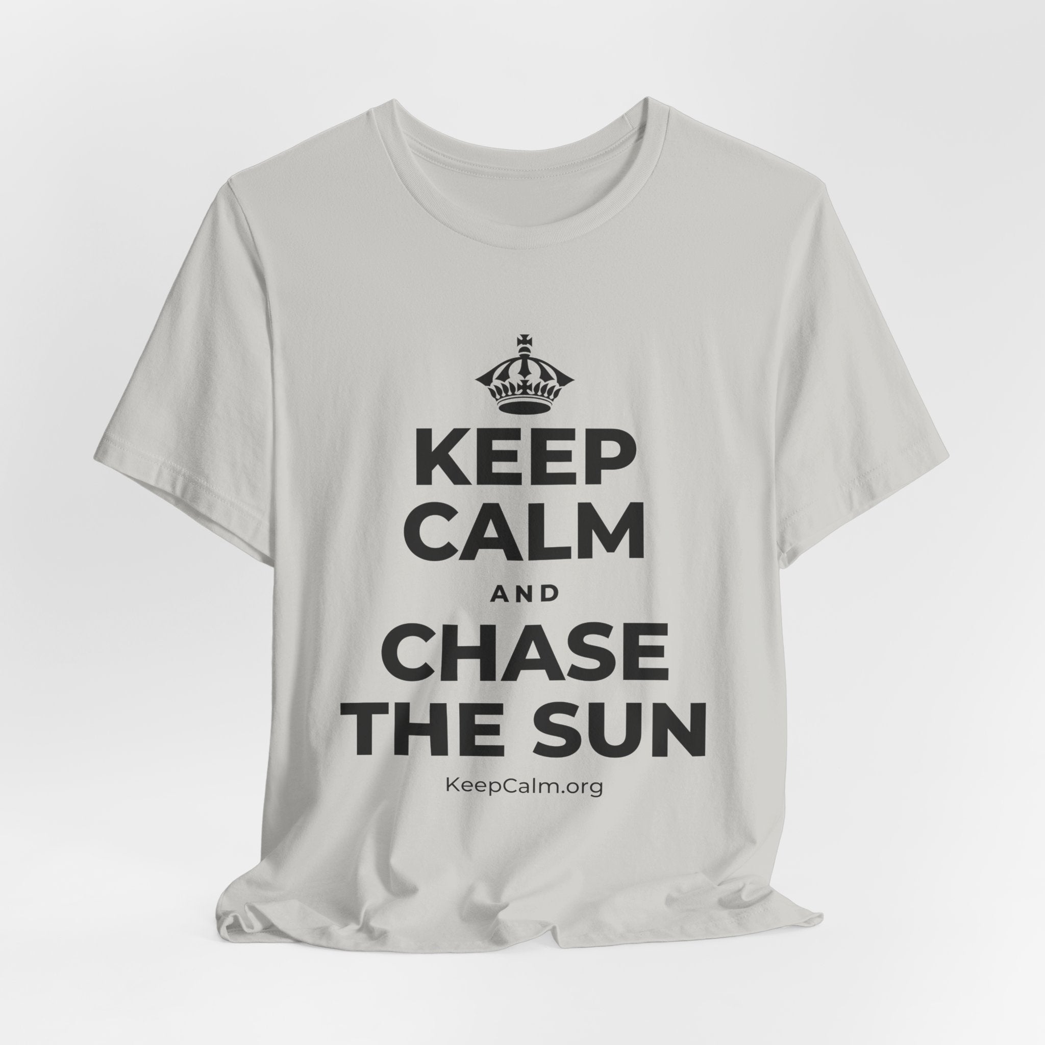 KEEP CALM AND CHASE THE SUN T-Shirt (Baby Blue–Silver)