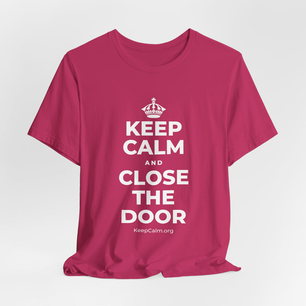 KEEP CALM AND CLOSE THE DOOR T-Shirt (Baby Blue–Silver)