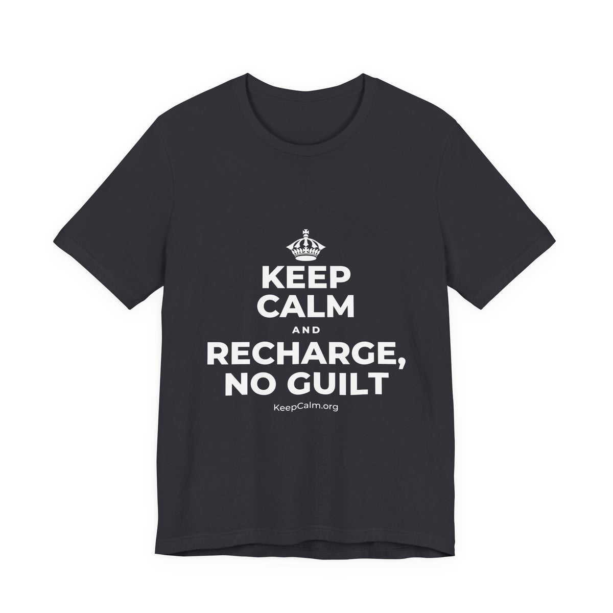 KEEP CALM AND RECHARGE, NO GUILT T-Shirt (Baby Blue–Silver)
