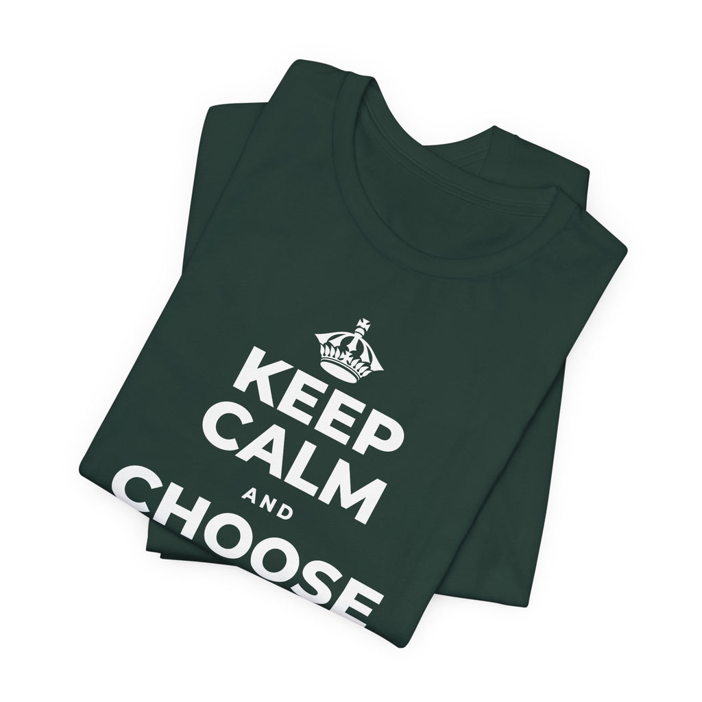 KEEP CALM AND CHOOSE PRESENCE OVER PRESENTS T-Shirt (White–Asphalt)