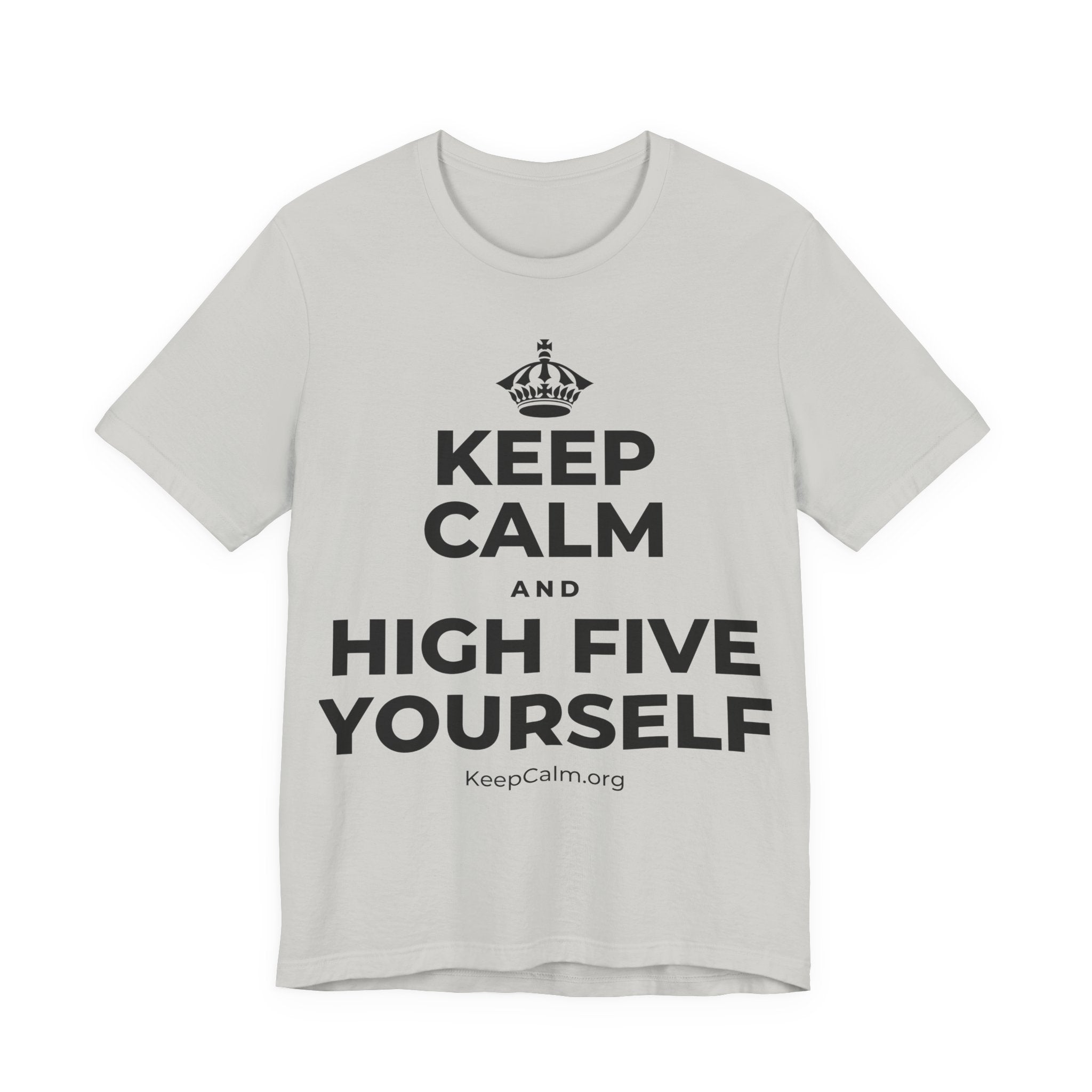 KEEP CALM AND HIGH FIVE YOURSELF T-Shirt (Baby Blue–Silver)