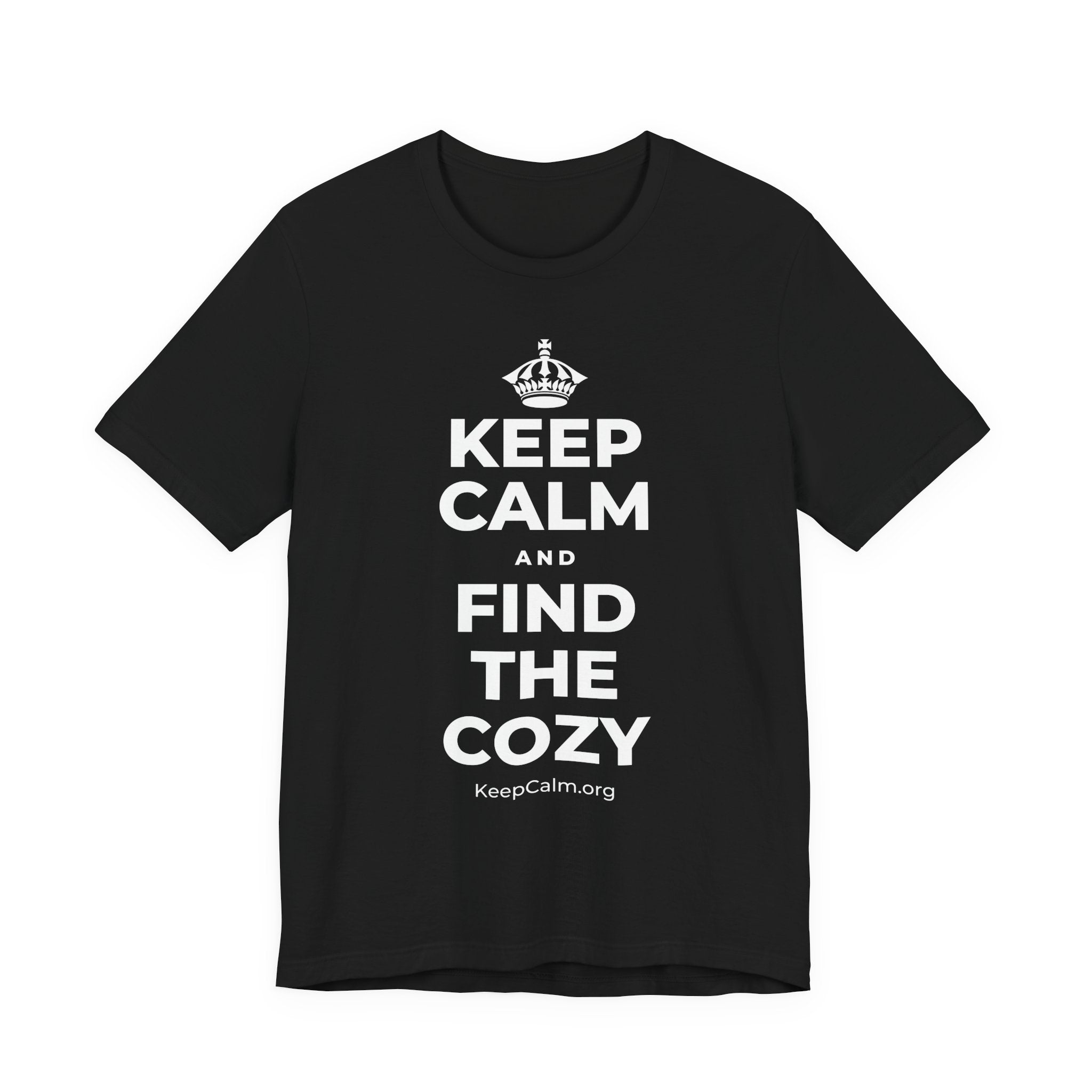 KEEP CALM AND FIND THE COZY T-Shirt (White–Asphalt)