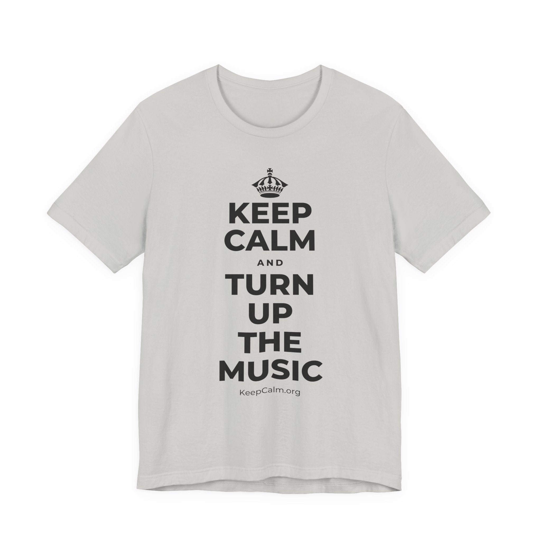 KEEP CALM AND TURN UP THE MUSIC T-Shirt (Baby Blue–Silver)