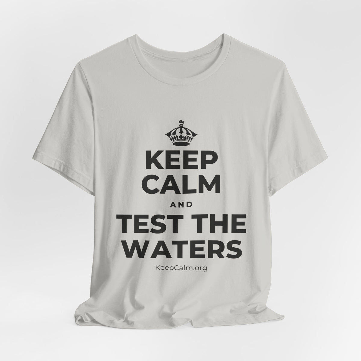 KEEP CALM AND TEST THE WATERS T-Shirt (Baby Blue–Silver)
