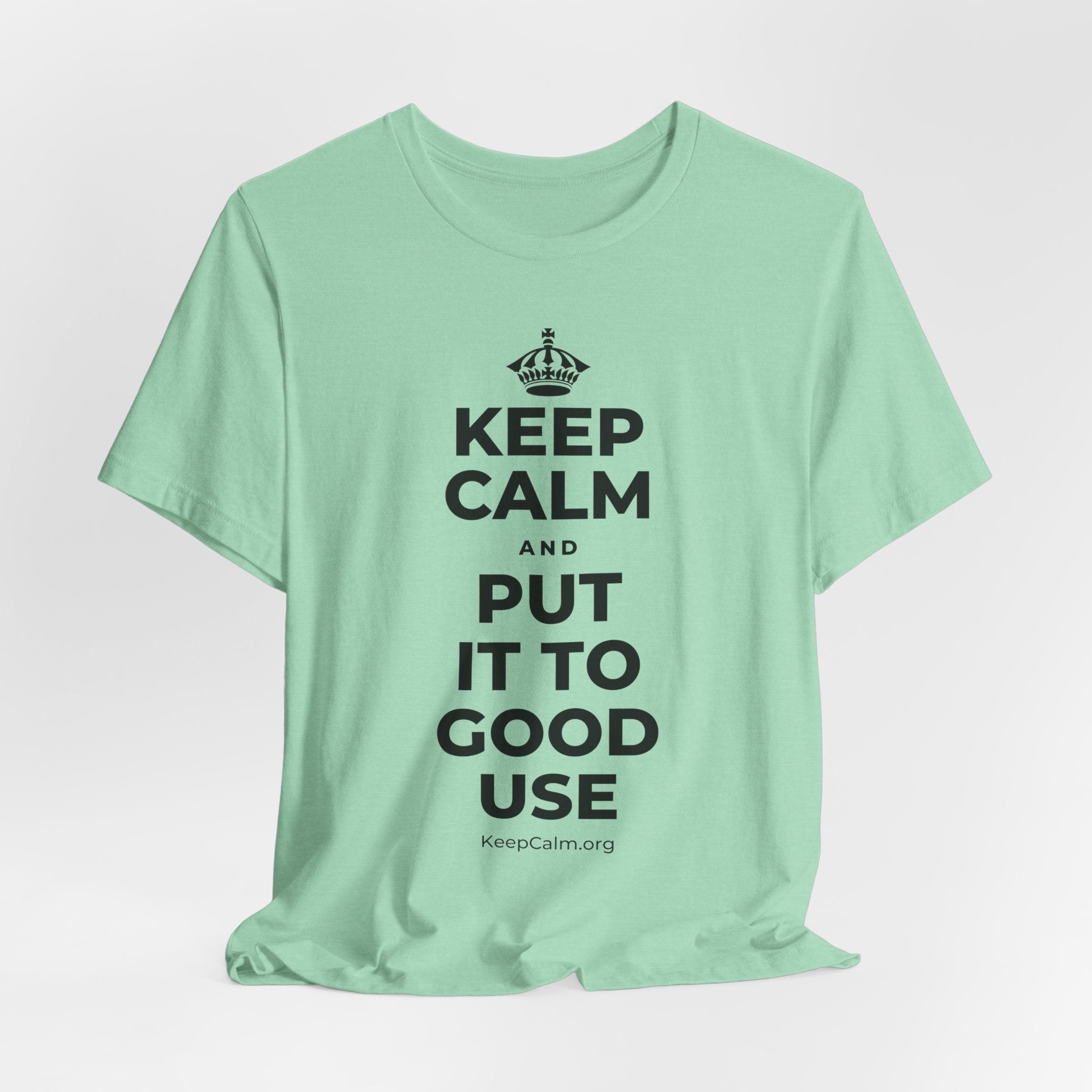 KEEP CALM AND PUT IT TO GOOD USE T-Shirt (Baby Blue–Silver)