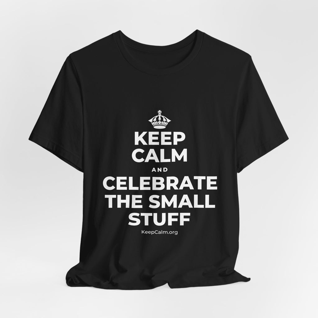 KEEP CALM AND CELEBRATE THE SMALL STUFF T-Shirt (White–Asphalt)