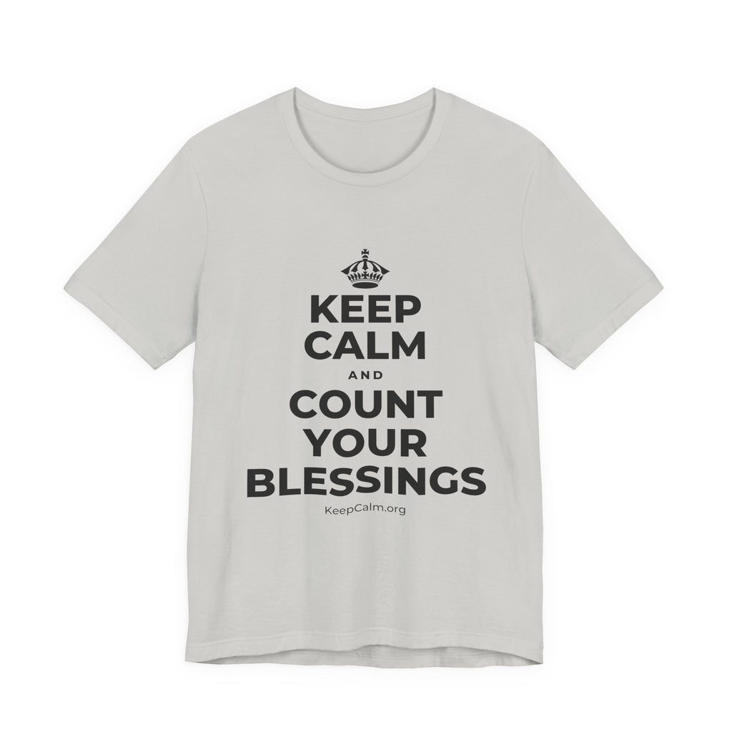 KEEP CALM AND COUNT YOUR BLESSINGS T-Shirt (Baby Blue–Silver)