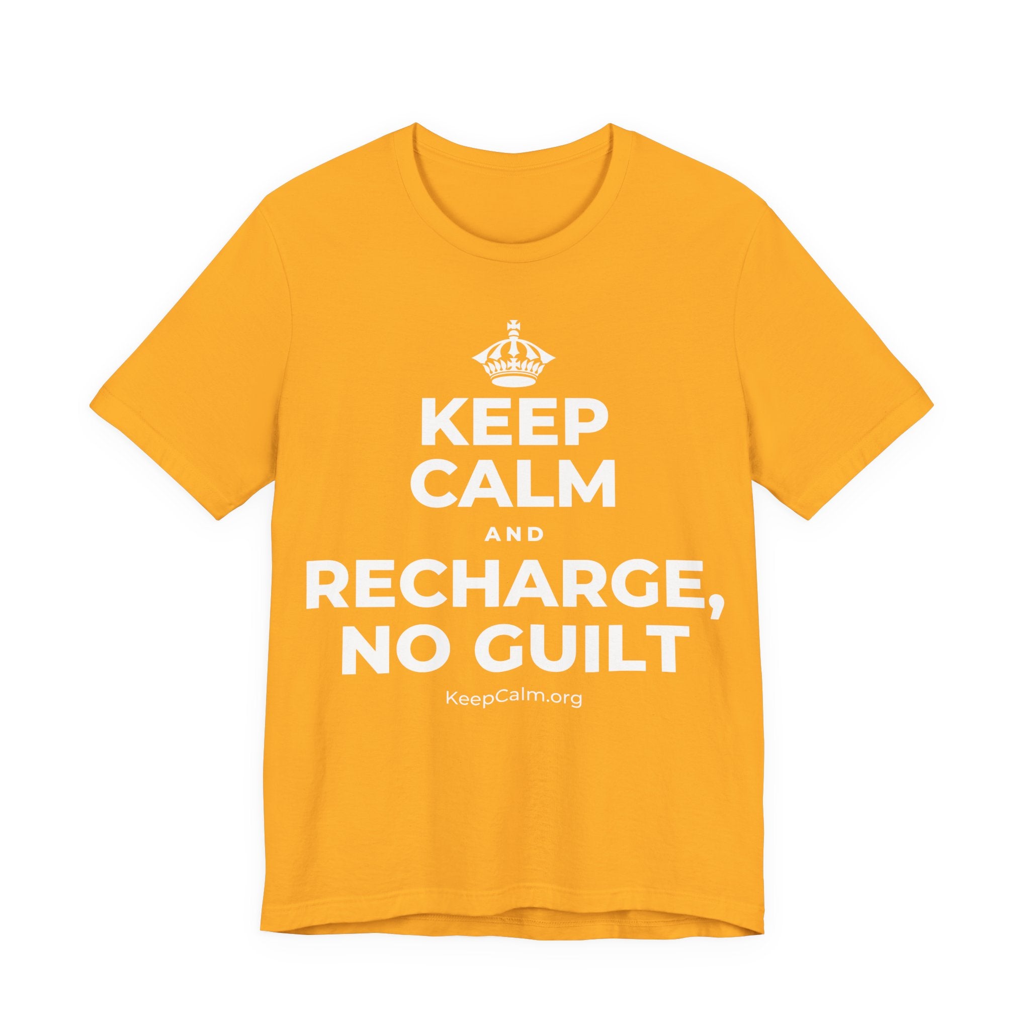 KEEP CALM AND RECHARGE, NO GUILT T-Shirt (Baby Blue–Silver)