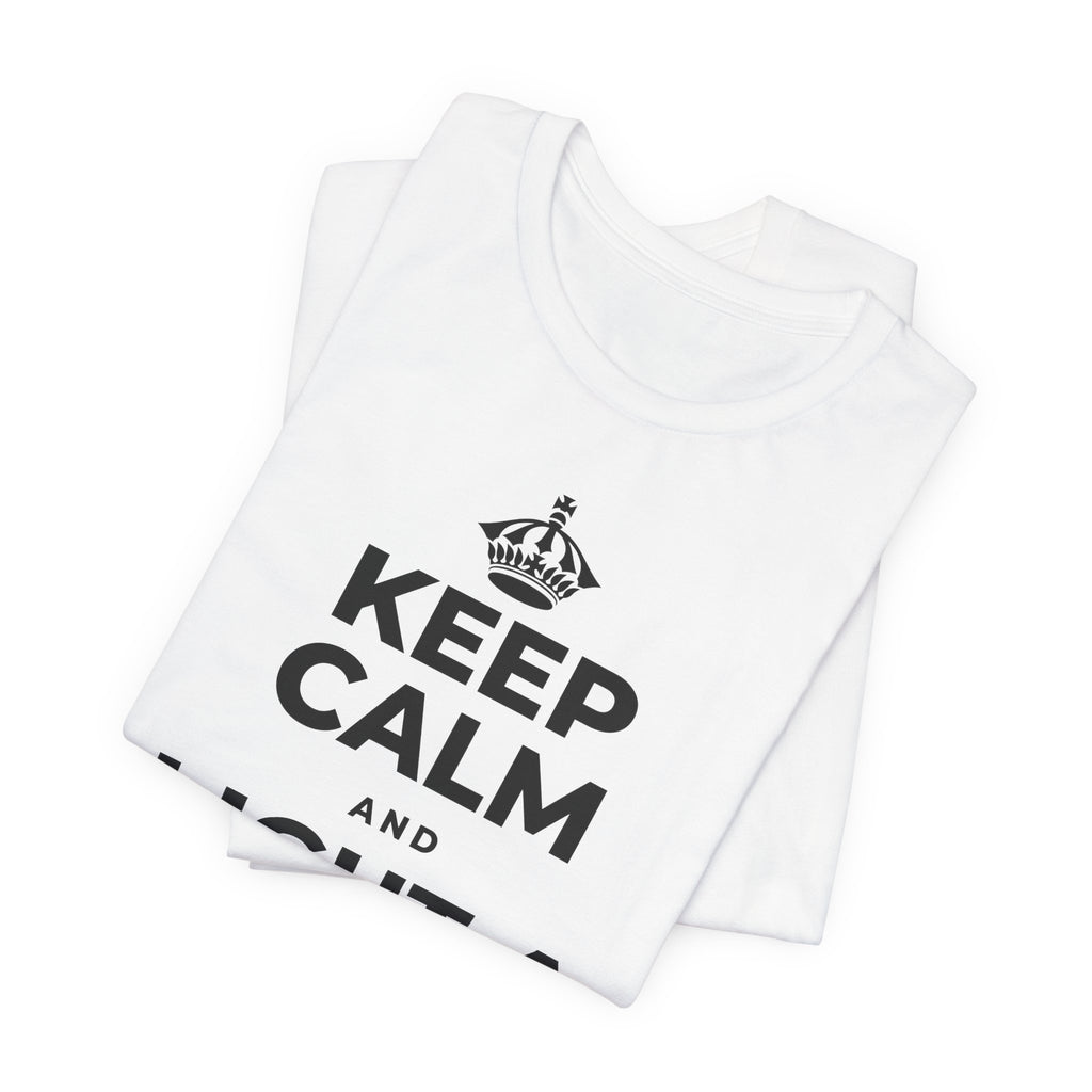 KEEP CALM AND LIGHT A COZY CANDLE T-Shirt (White–Asphalt)