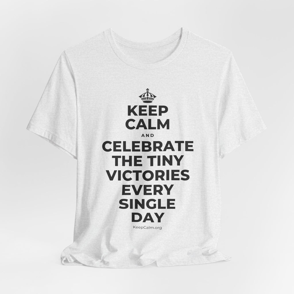 KEEP CALM AND CELEBRATE THE TINY VICTORIES EVERY SINGLE DAY T-Shirt (Soft Cream–Heather Mauve)