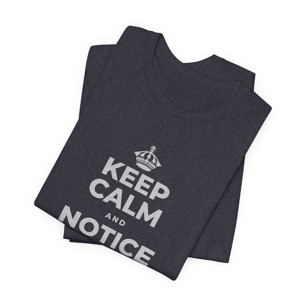 KEEP CALM AND NOTICE YOU'RE SAFE RIGHT NOW T-Shirt (White–Asphalt)