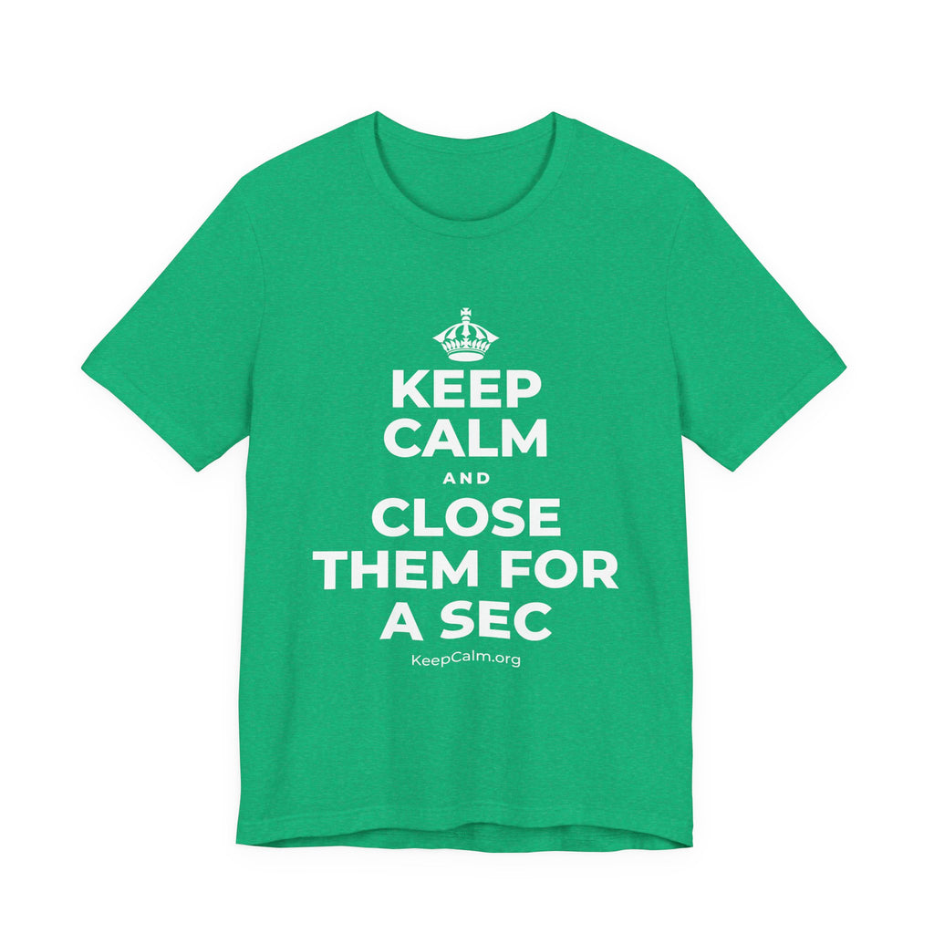 KEEP CALM AND CLOSE THEM FOR A SEC T-Shirt (Baby Blue–Silver)