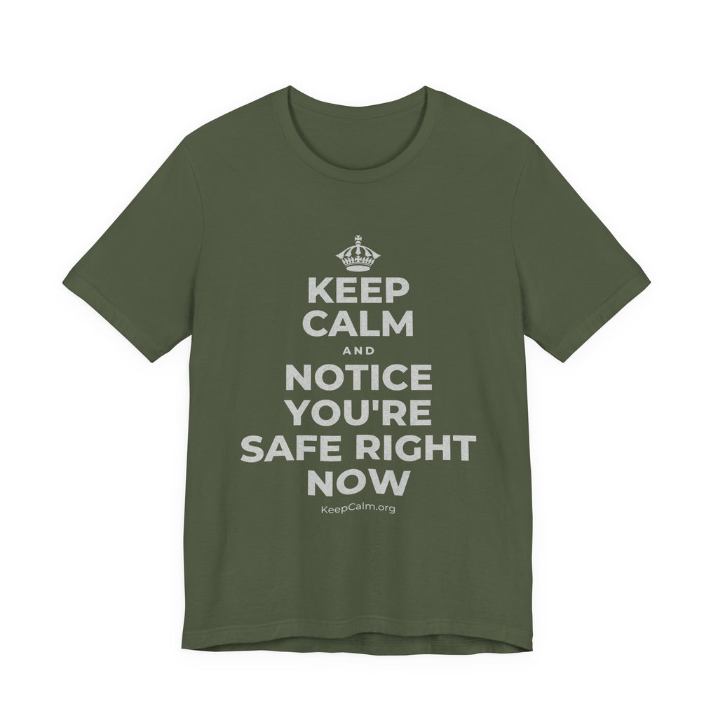 KEEP CALM AND NOTICE YOU'RE SAFE RIGHT NOW T-Shirt (Military Green–Autumn)