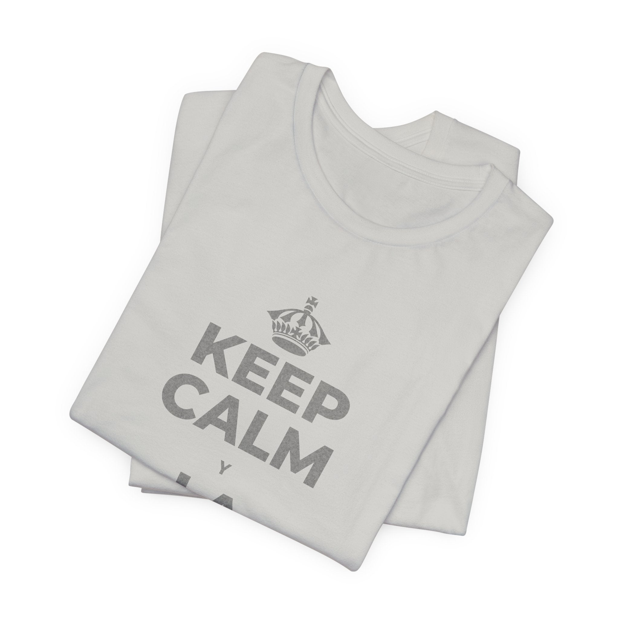 KEEP CALM Y LA FRENTE EN ALTO T-Shirt (Baby Blue–Silver)