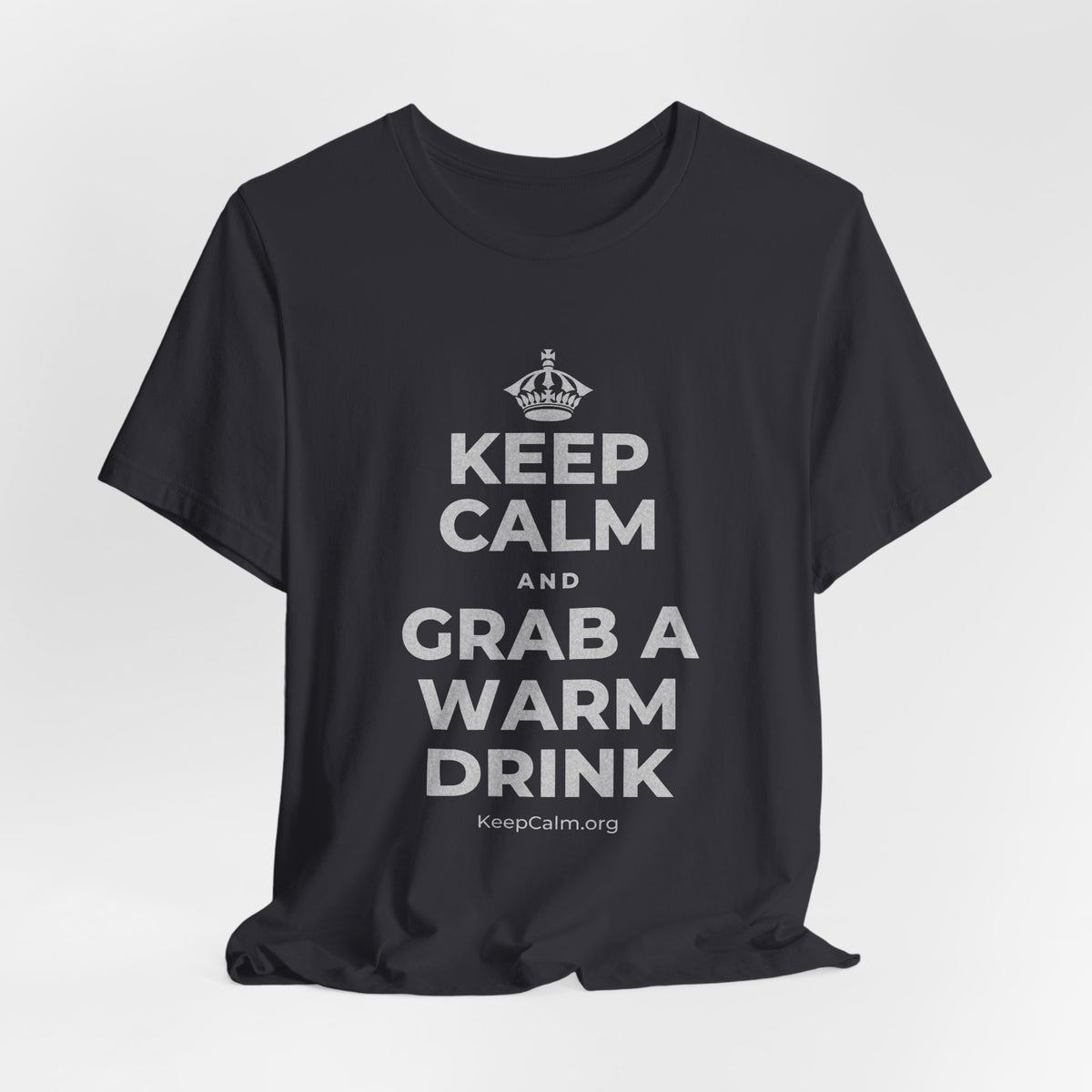 KEEP CALM AND GRAB A WARM DRINK T-Shirt (Baby Blue–Silver)