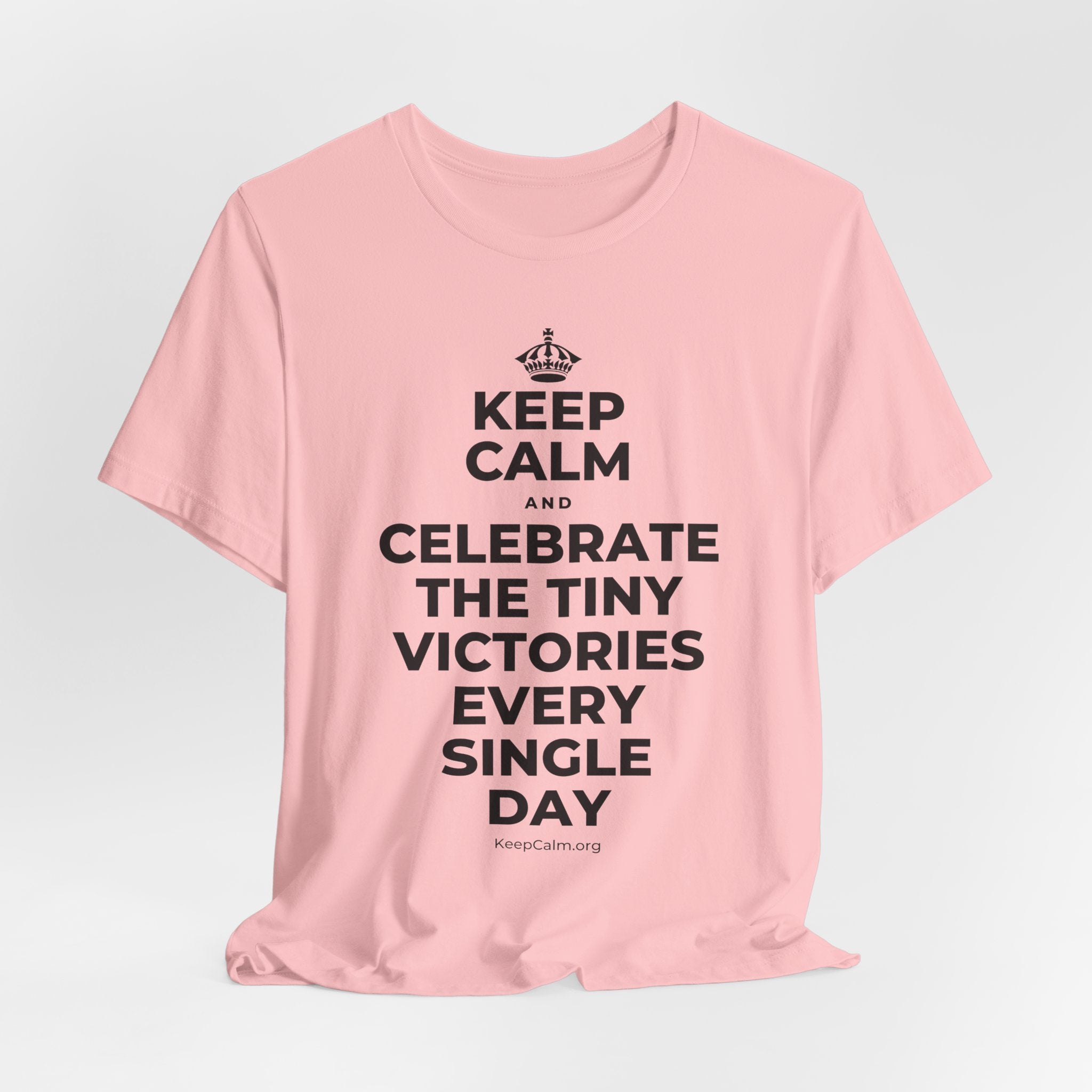 KEEP CALM AND CELEBRATE THE TINY VICTORIES EVERY SINGLE DAY T-Shirt (White–Asphalt)