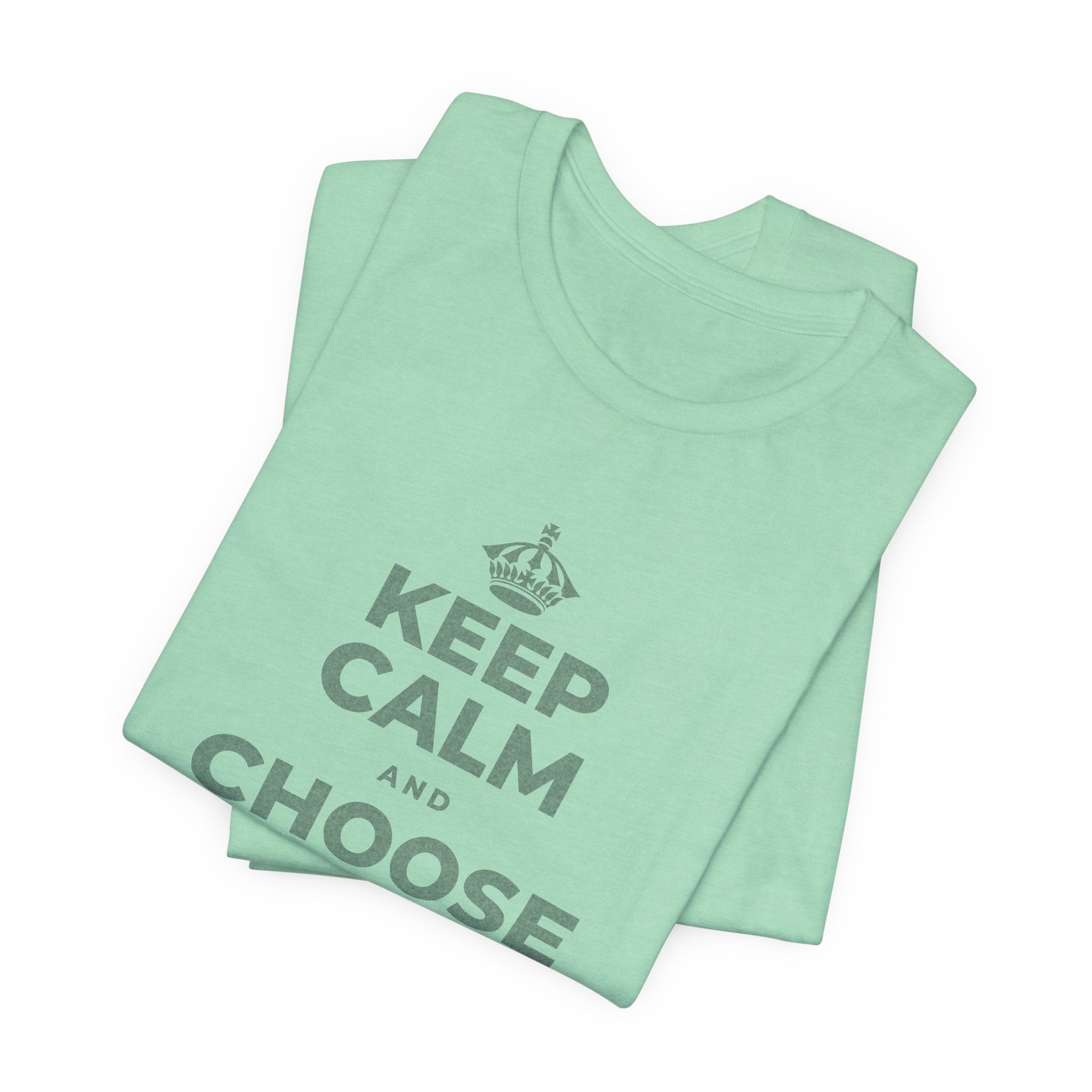 KEEP CALM AND CHOOSE PRESENCE OVER PRESENTS T-Shirt (Baby Blue–Silver)