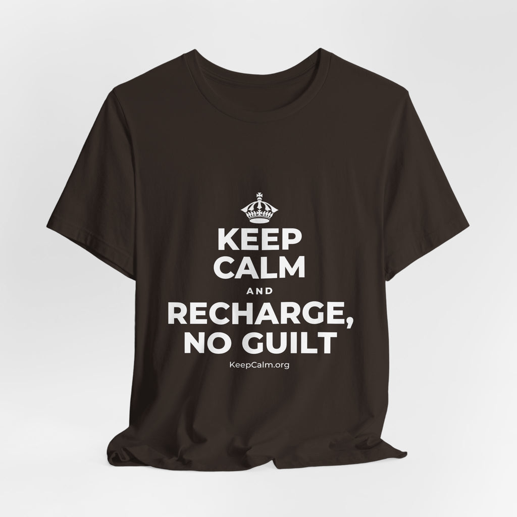 KEEP CALM AND RECHARGE, NO GUILT T-Shirt (Soft Cream–Heather Mauve)