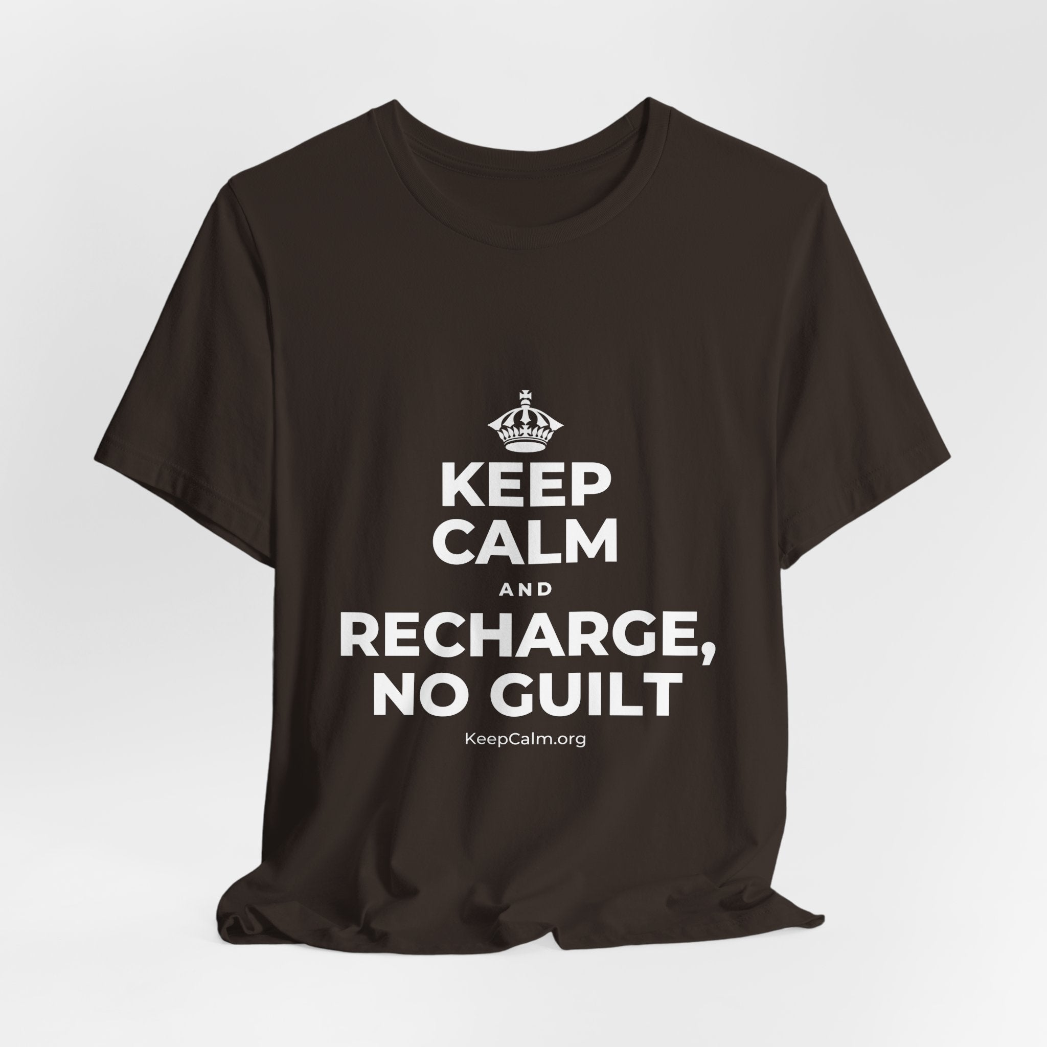KEEP CALM AND RECHARGE, NO GUILT T-Shirt (Soft Cream–Heather Mauve)