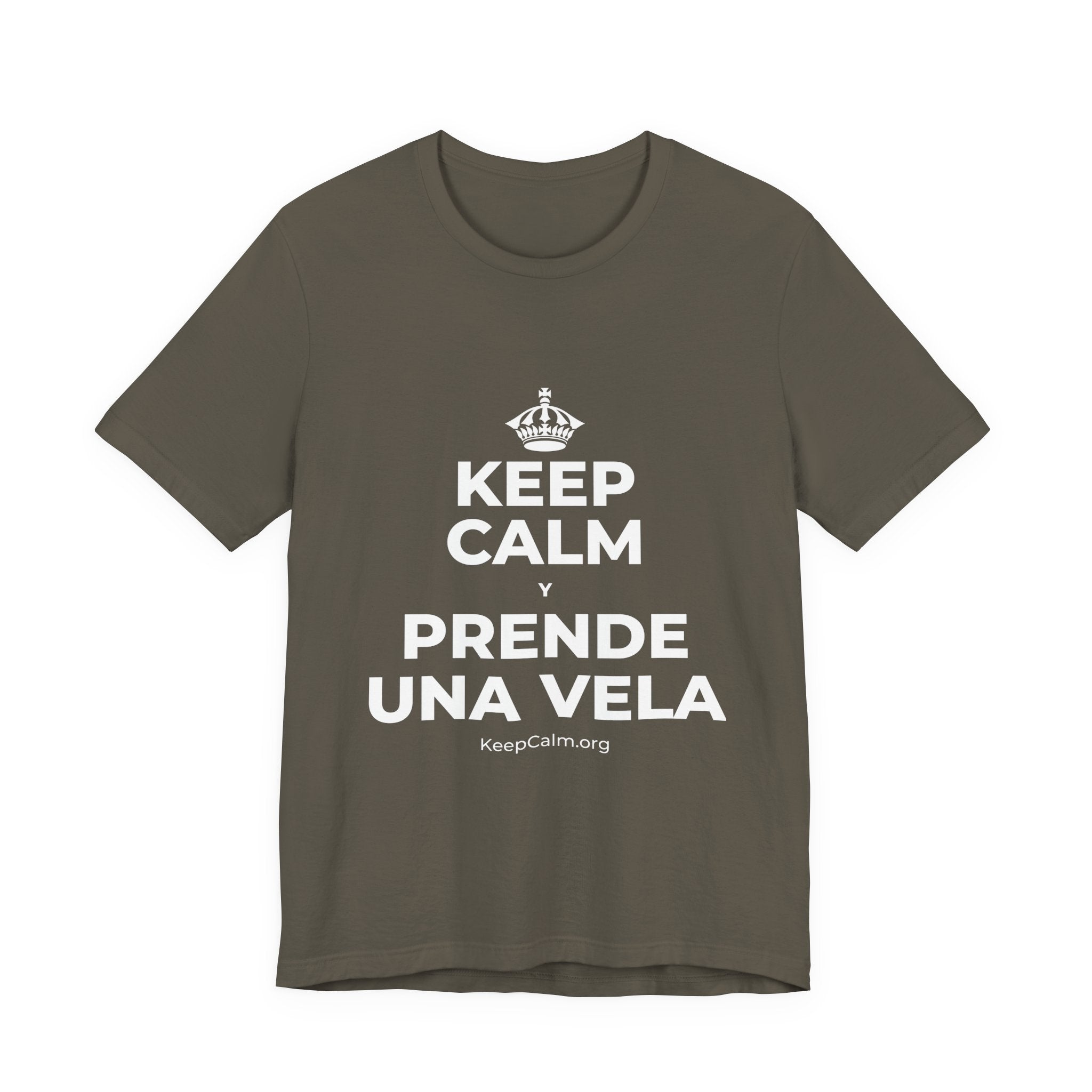 KEEP CALM Y PRENDE UNA VELA T-Shirt (White–Asphalt)