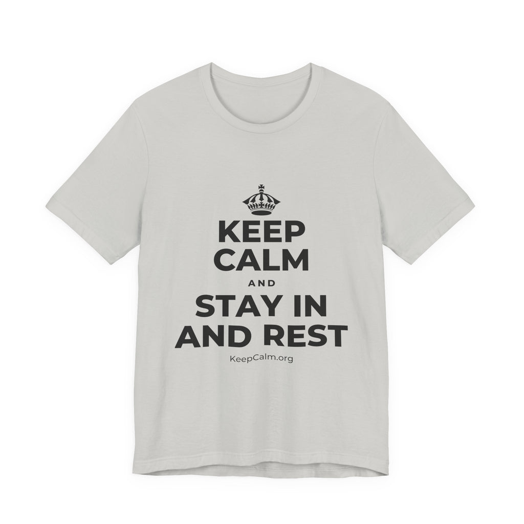 KEEP CALM AND STAY IN AND REST T-Shirt (Baby Blue–Silver)