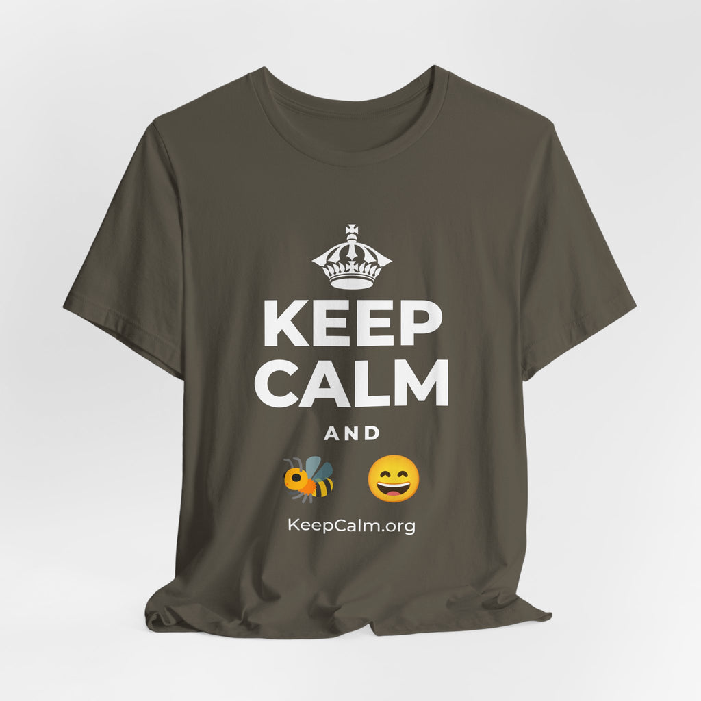 KEEP CALM AND 🐝 😄 T-Shirt (White–Asphalt)