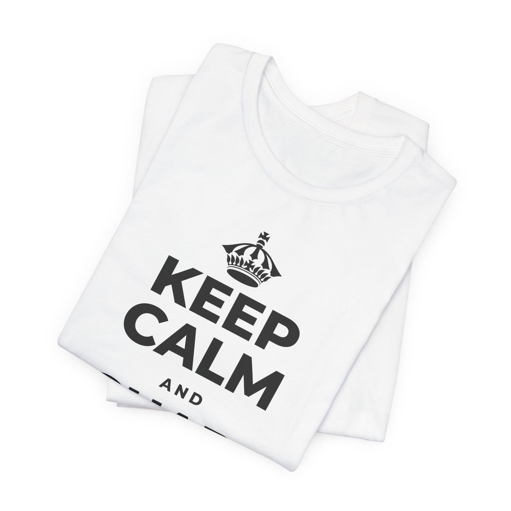 KEEP CALM AND RECHARGE, NO GUILT T-Shirt (White–Asphalt)