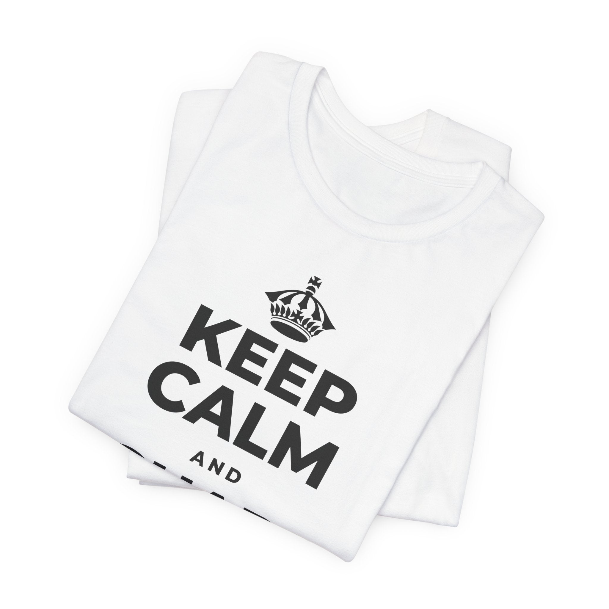 KEEP CALM AND RECHARGE, NO GUILT T-Shirt (White–Asphalt)