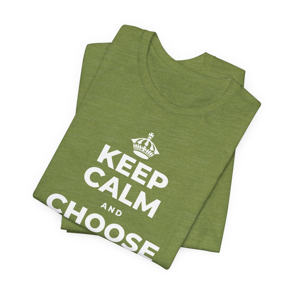 KEEP CALM AND CHOOSE PRESENCE OVER PRESENTS T-Shirt (Baby Blue–Silver)