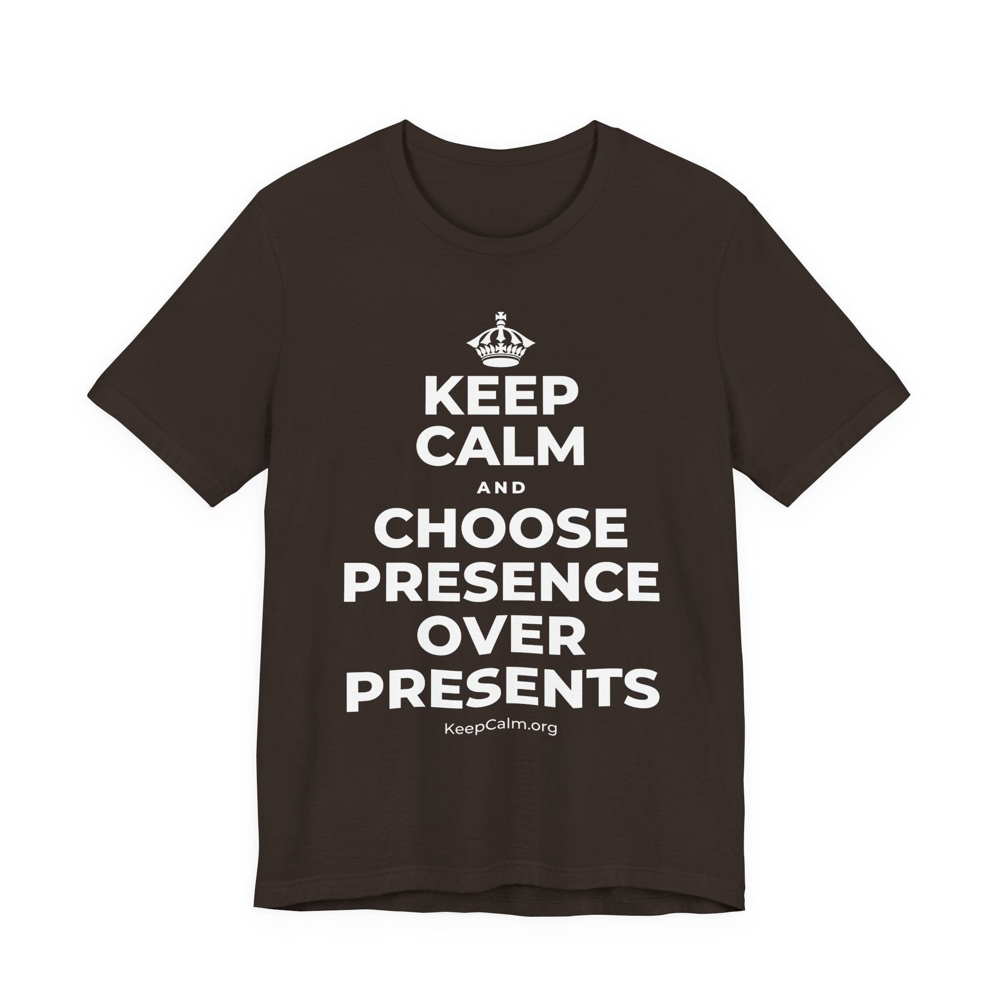 KEEP CALM AND CHOOSE PRESENCE OVER PRESENTS T-Shirt (Soft Cream–Heather Mauve)