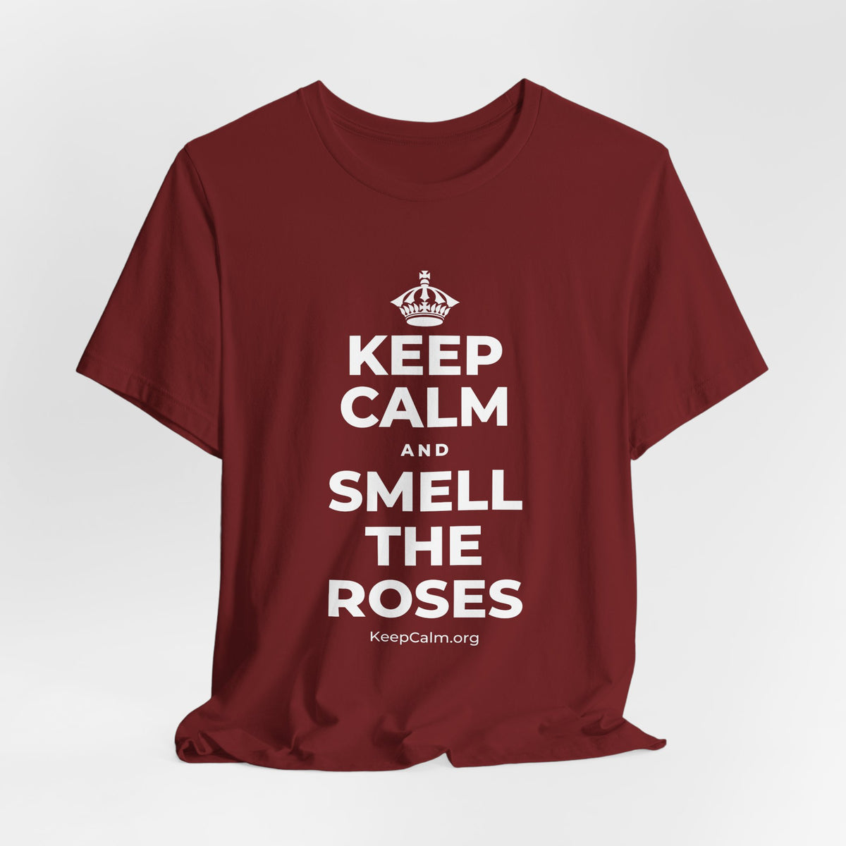 KEEP CALM AND SMELL THE ROSES T-Shirt (Baby Blue–Silver)